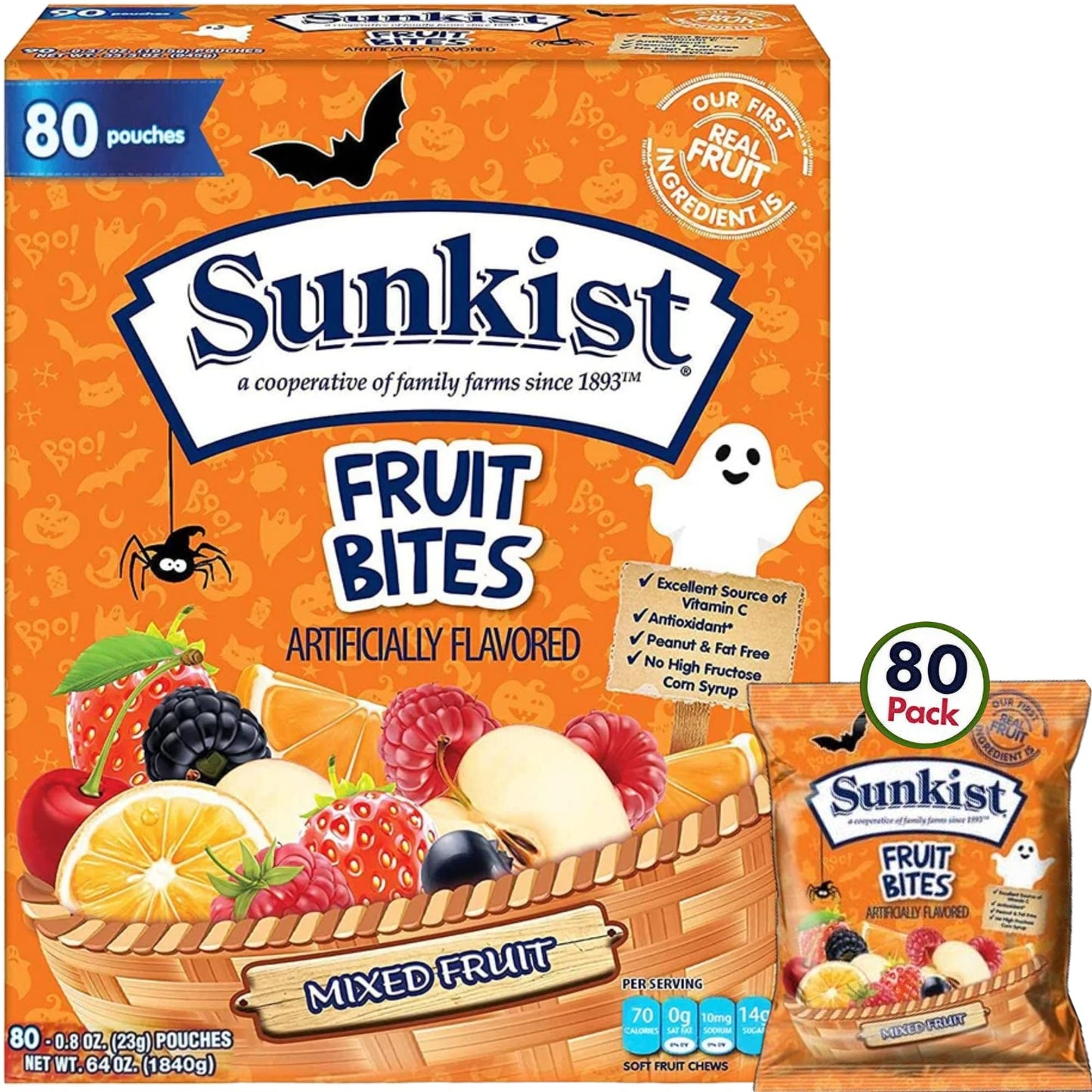 Halloween Fruit Snacks Variety Pack - 80 Count (64 oz) Individually Wrapped Halal, Peanut-Free, Fat-Free Bulk Candy for Trick or