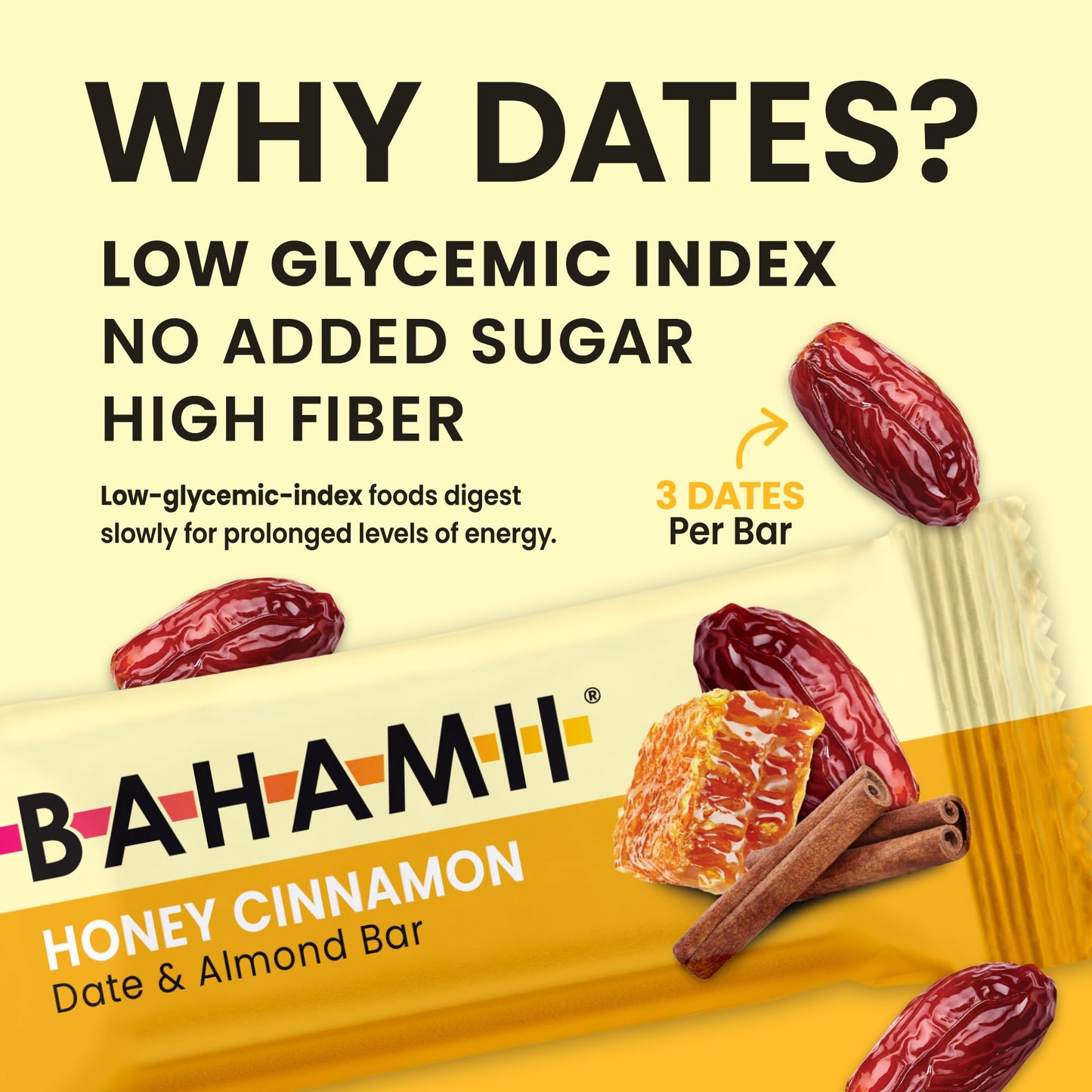 Bahamii Snack Bars, Gluten Free, Made with Dates & Nuts, Healthy Snacks, 12 Pack, Honey Cinnamon