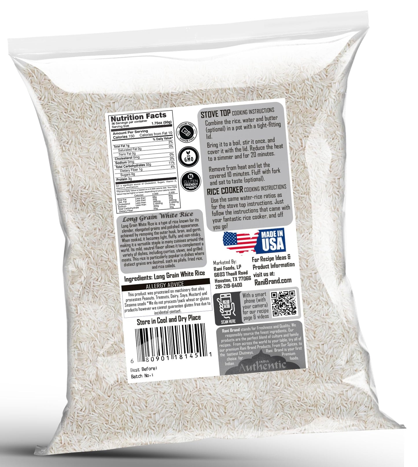 Rani Long Grain White Rice 64Oz (4Lbs) 1.81Kg Bulk ~ All Natural | Gluten Friendly | Vegan | Non-Gmo | Kosher | Product Of Usa