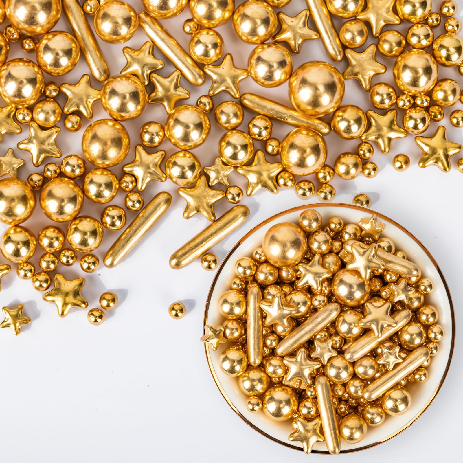 Sugarzy Edible Pearl Sprinkles, Gold Pearl Star Rods, 130g Baking Decorations for Cakes, Cupcakes, Cookies, and Ice Cream