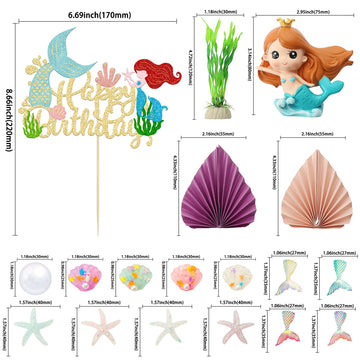 Gyufise 32Pcs 3D Mermaid Under The Sea Cake Toppers Set Mermaid Tail Starfish Seaweed Shell Bubble Palm Leaf Cupcake Picks For U