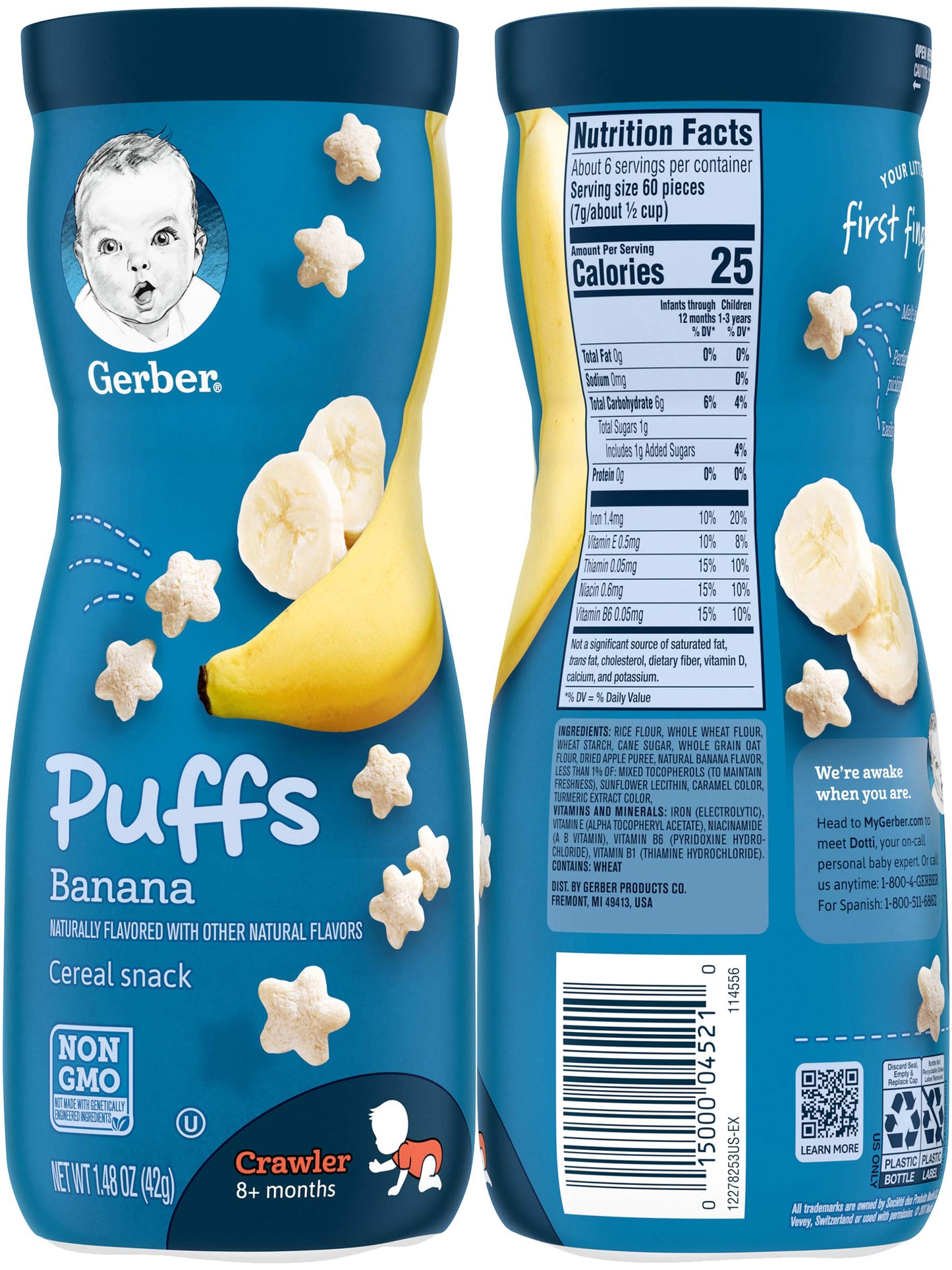 Gerber Graduates Apple Strawberry, Banana, Sweet Potato, Blueberry Puffs /Pack Of 4 1.48Oz