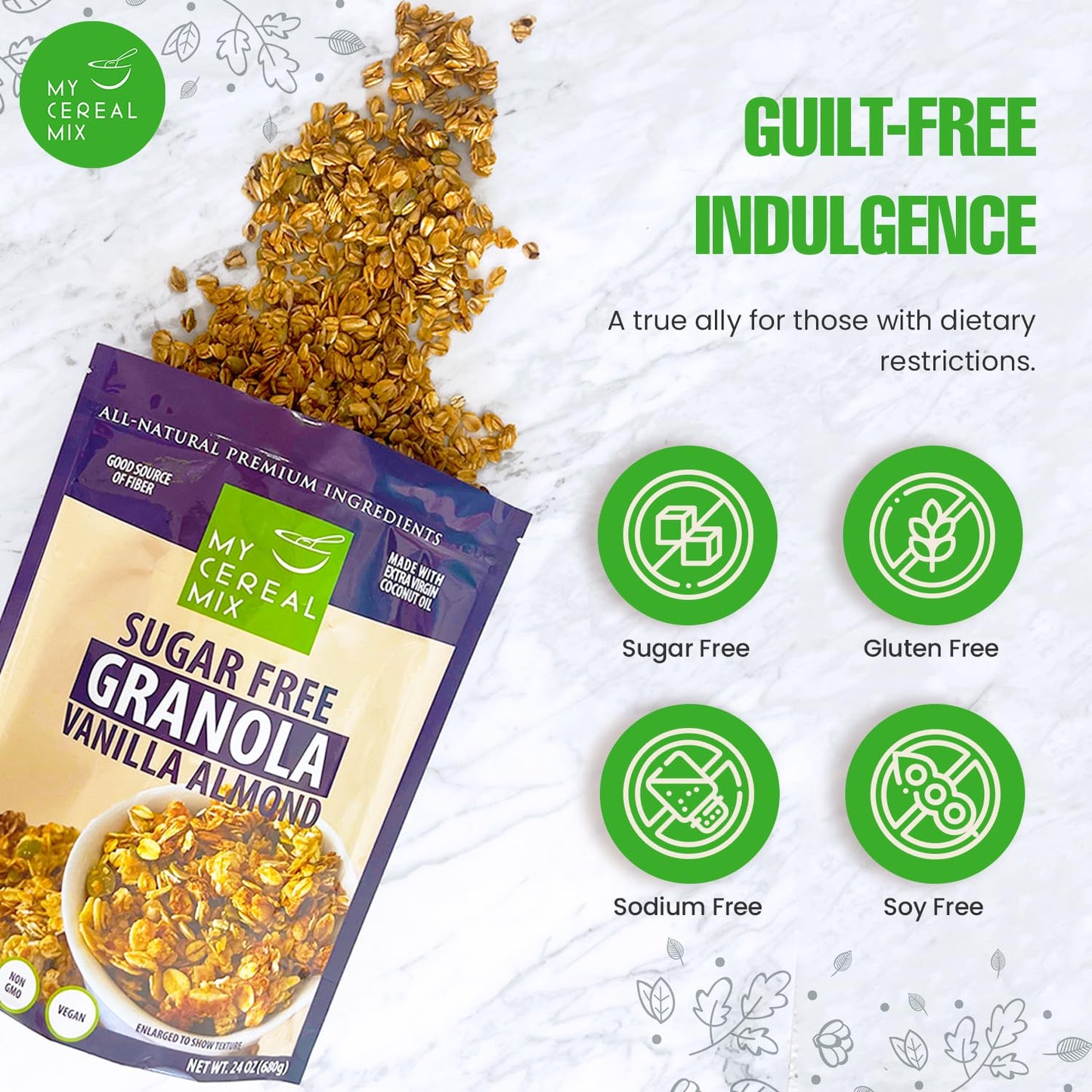 Mycerealmix Sugar Free Granola - Vanilla Almond | Non-Gmo, Plant-Based, Gluten Free, Soy Free, Sodium Free, No Erythritol, No Su