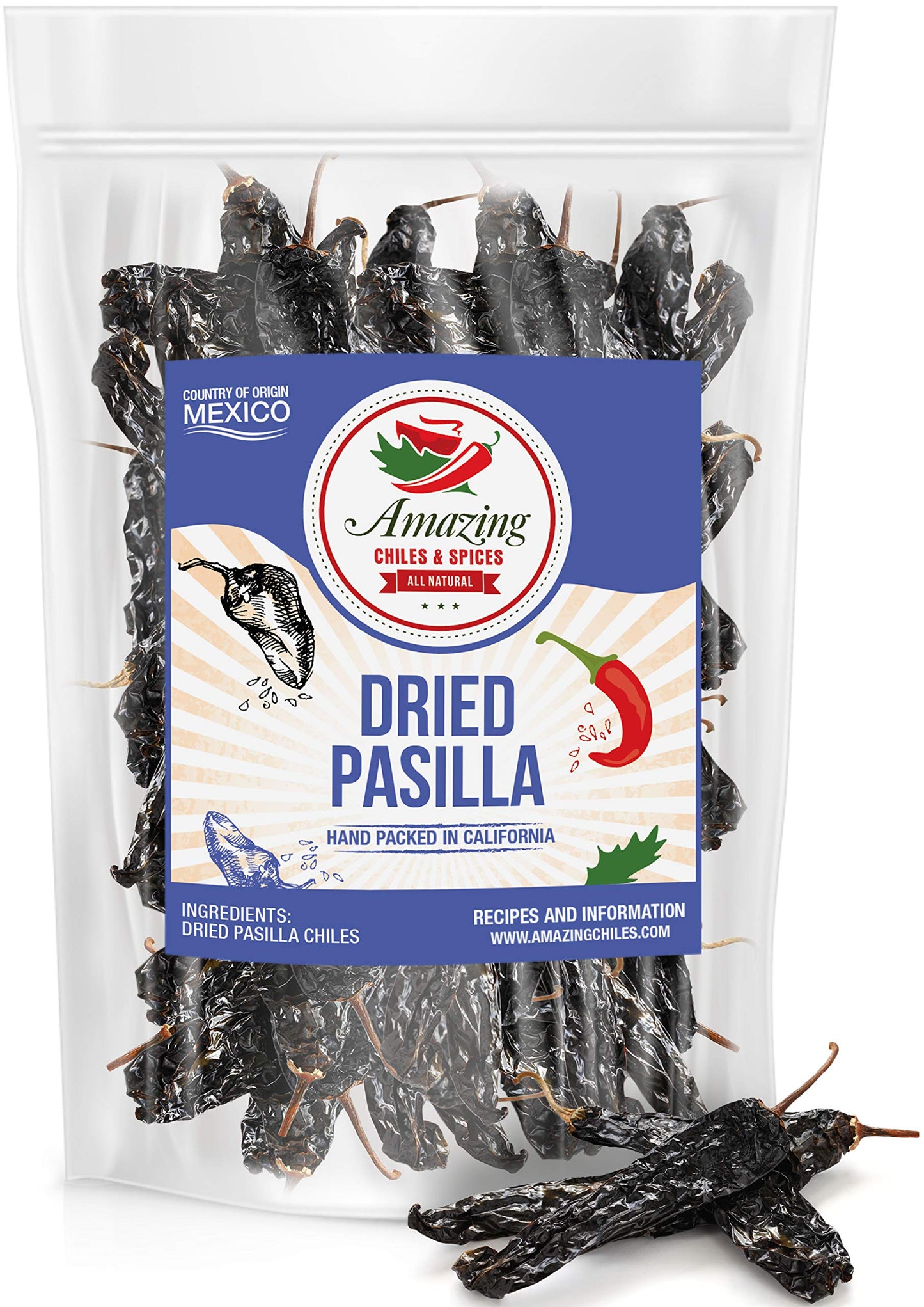 Pasilla Chiles Dried 1LB (16oz) - Staple in Mexican Cooking: Moles, Sauces, Stews, Salsa. Mild Heat - Punget and Tangy Flavor. B