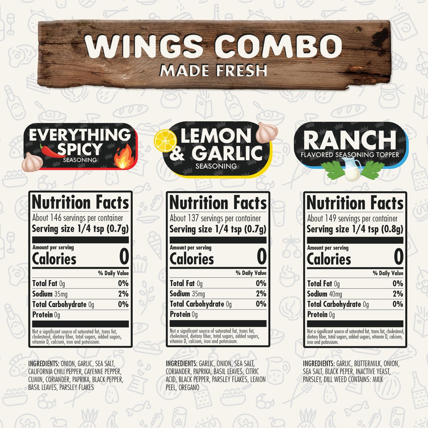 Wings Combo Pack Of 3, Herbs, Spices, Topper And Seasoning Gift Set - Everything Spicy, Lemon & Garlic, And Ranch - Enhanced All Natural & Healthy Spice Blend - Flavor God Seasonings