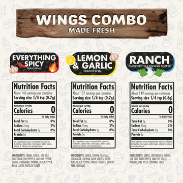 Wings Combo Pack Of 3, Herbs, Spices, Topper And Seasoning Gift Set - Everything Spicy, Lemon & Garlic, And Ranch - Enhanced All Natural & Healthy Spice Blend - Flavor God Seasonings