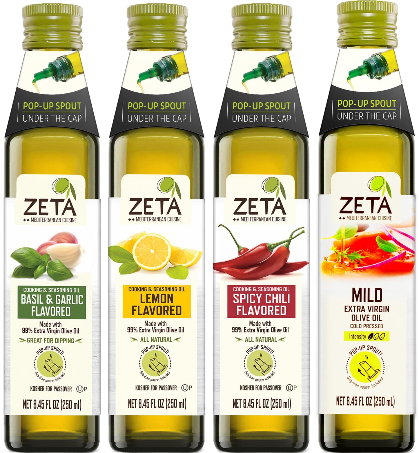 Zeta Extra Virgin Olive Oil Variety Pack, 8.5 fl oz (4 Pack) | Basil & Garlic, Lemon, Hot Pepper & EVOO | Premium Glass Bottle w