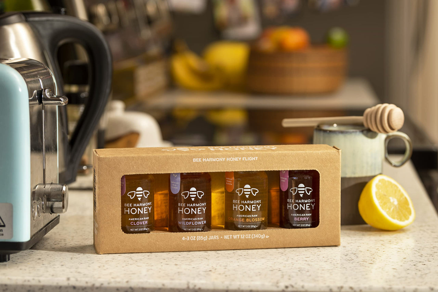 Bee Harmony Classic Honey Flight, Mini Honey Gift Set, 4 Jars, 3 Oz Each, Premium Raw Honey, Made In The Usa