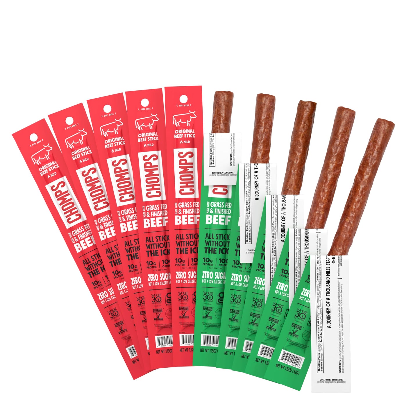 Chomps Grass Fed Beef Jerky Sticks Variety Pack, 10 Sticks (5 Original, 5 Jalapeno), 1.5 Ounce