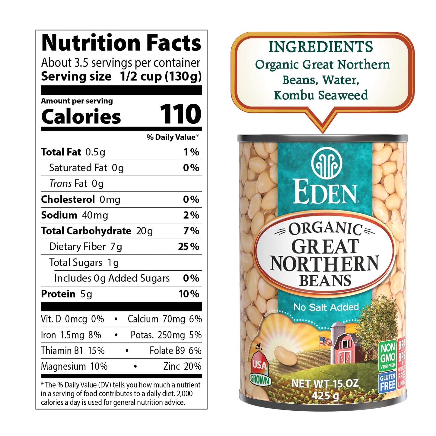 Eden Organic Great Northern Beans (White Beans), 15 Oz Can (12-Pack Case), No Salt Added, Non-Gmo, Gluten Free, U.S. Grown, Heat