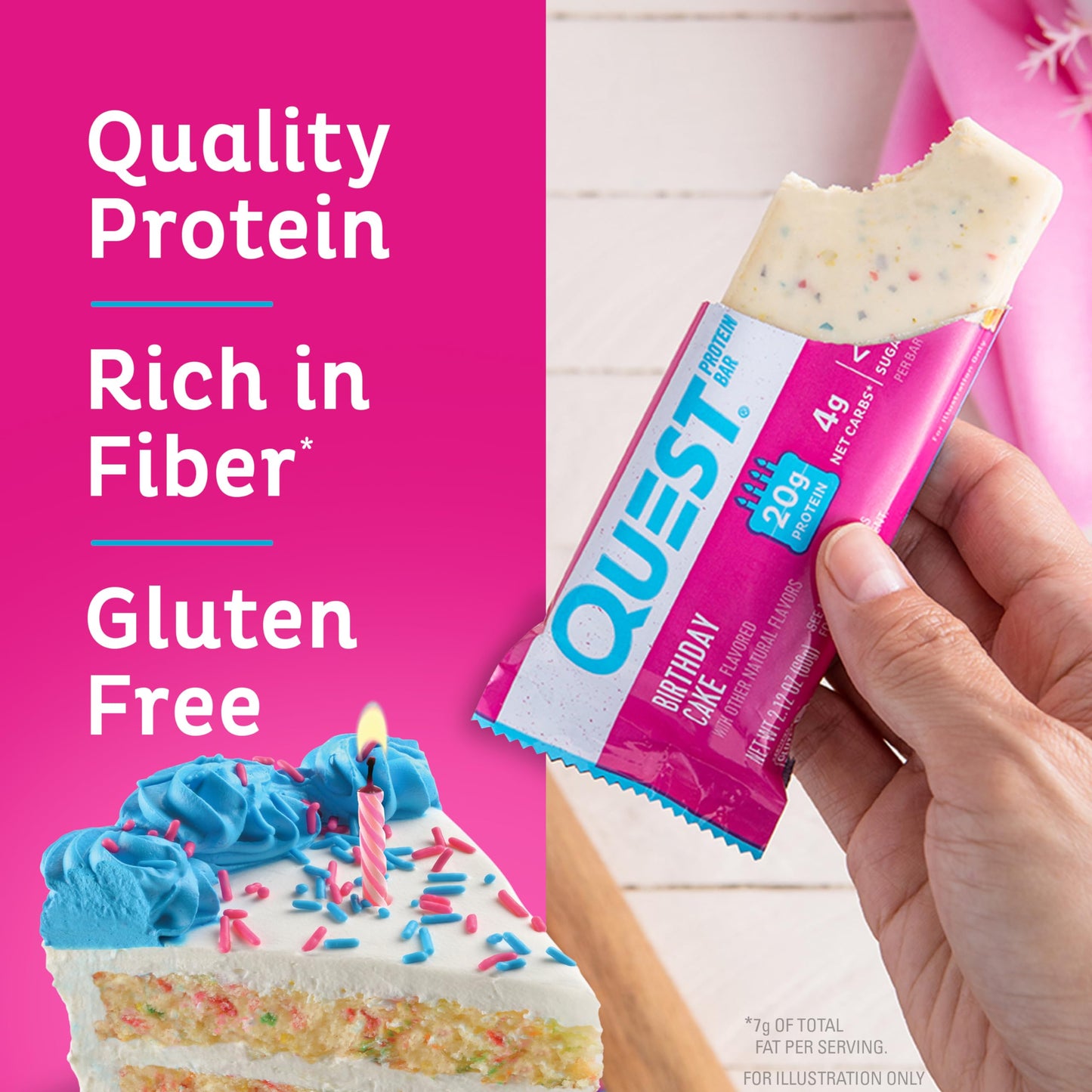Quest Nutrition Birthday Cake Protein Bars, 20G Protein, 1G Sugar, 4G Net Carbs, Gluten Free, Keto Friendly, 12 Count
