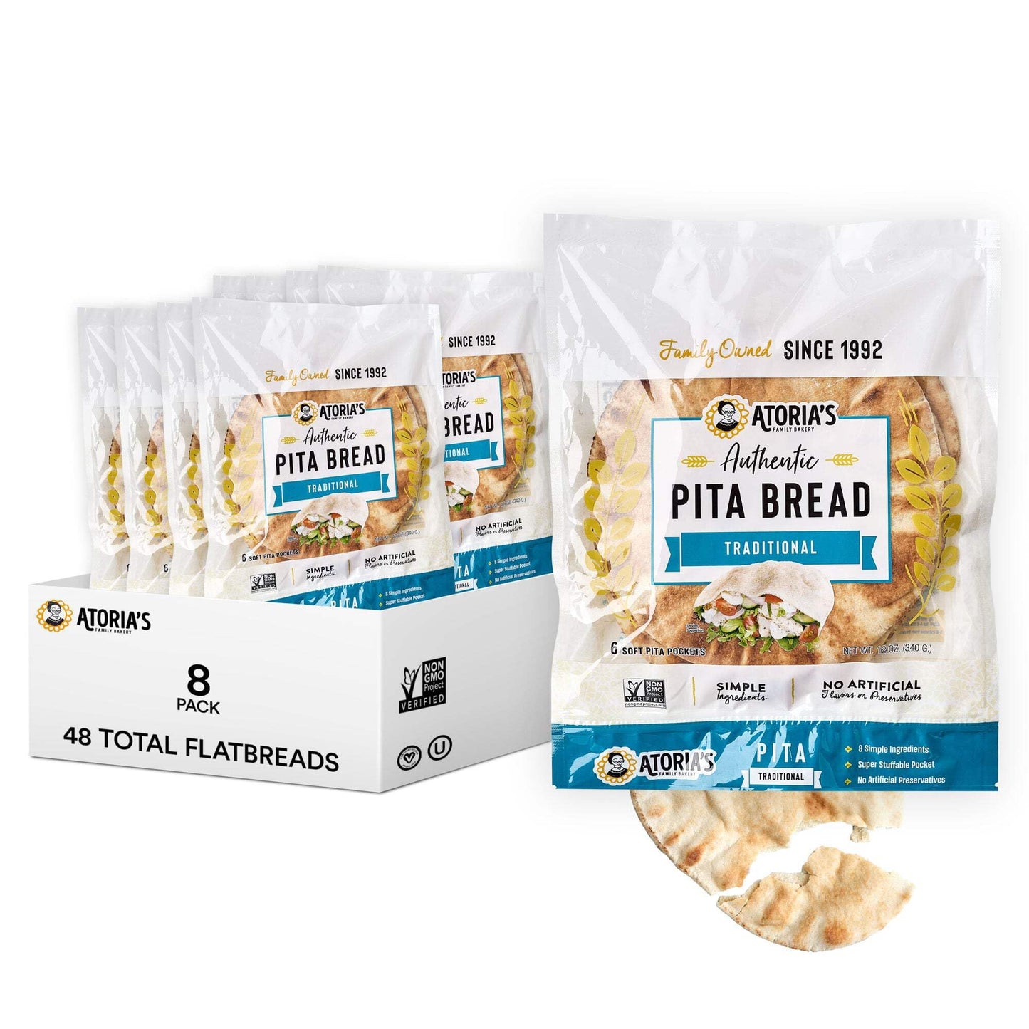 Atorias Family Bakery Traditional Pita Flatbread 8 Pack | 48 Individual Pita Pockets | Fresh Baked, All Natural, GMO Free, and