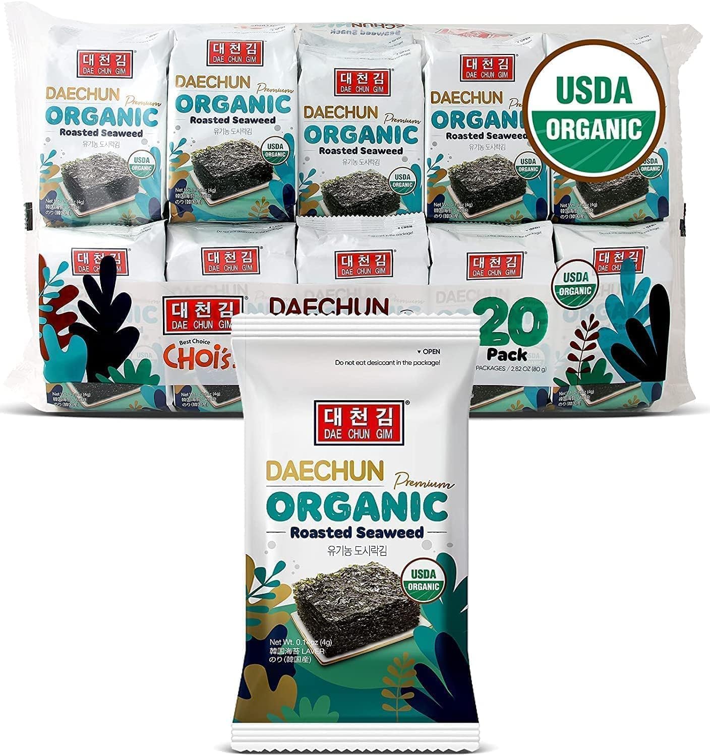 CHOIS 1 Organic DAECHUN Seaweed Snacks, Original, 20 Pack, 0.14 Ounce Each, Product of Korea