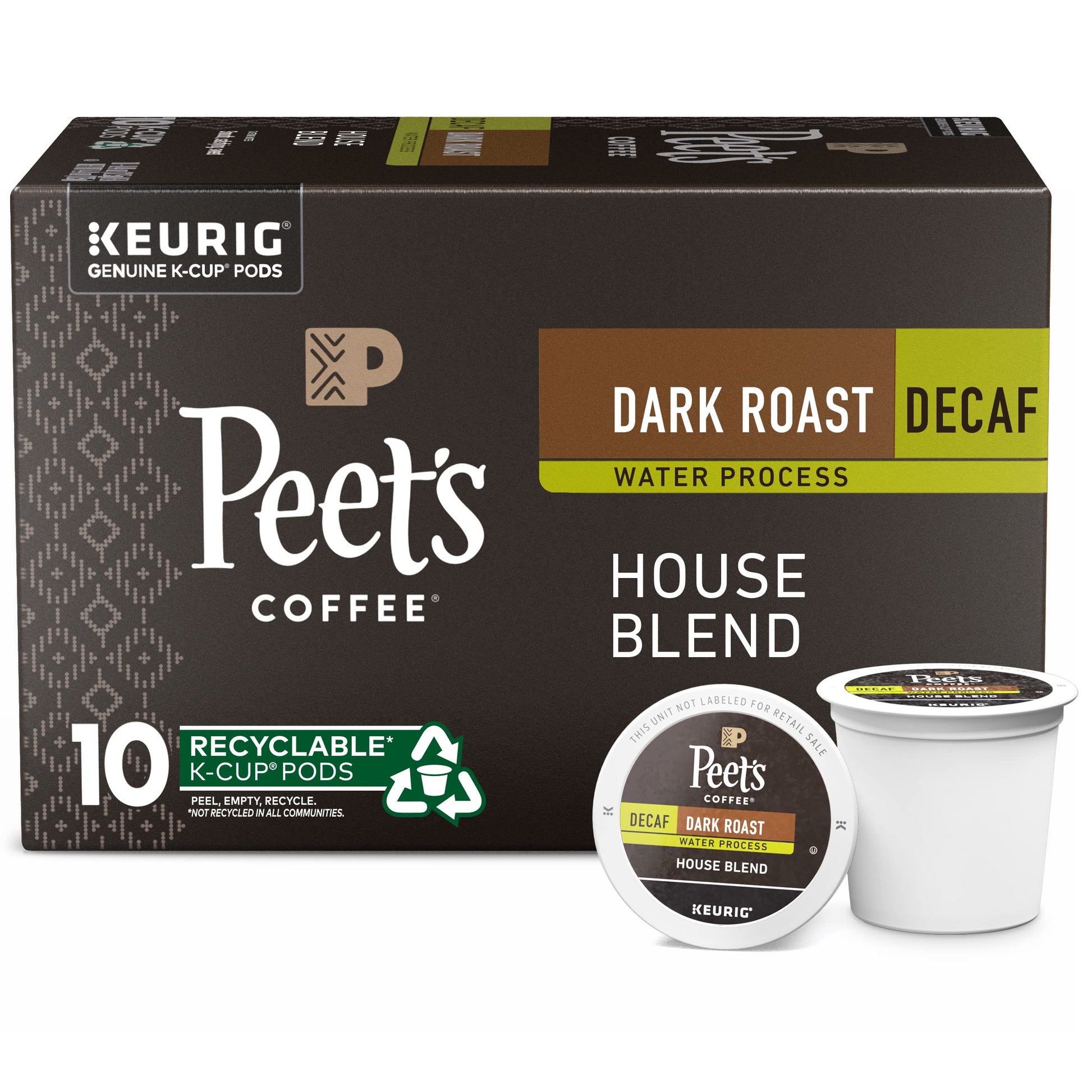 Peets Coffee Dark Roast Decaffeinated K-Cup Pods for Keurig - Decaf House Blend, 10 Count (Pack of 1)