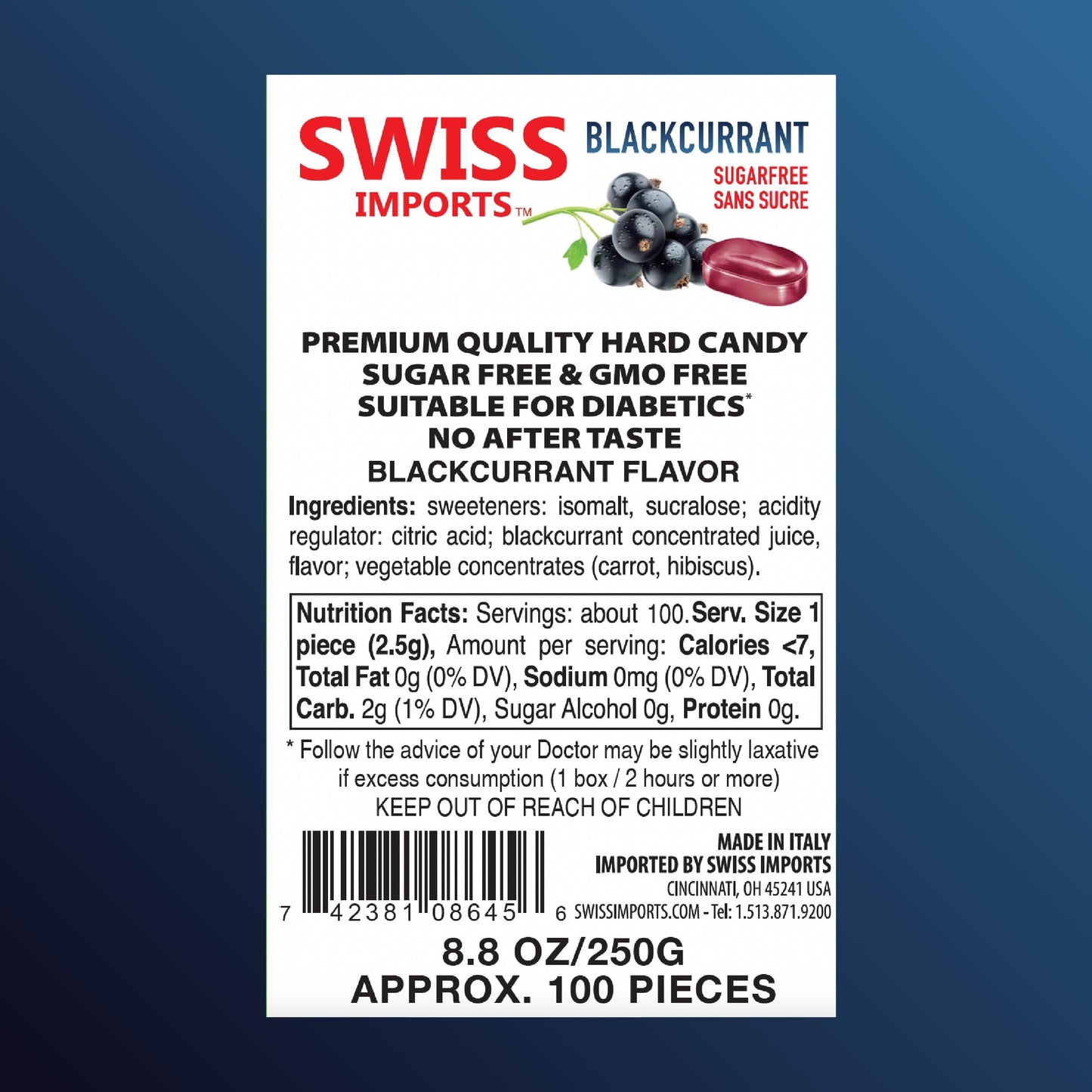 Swiss Imports Sugar Free Bonbons Hard Candy Drops, Blackcurrant, 100 Individually Wrapped Pieces, 250G/8.8Oz
