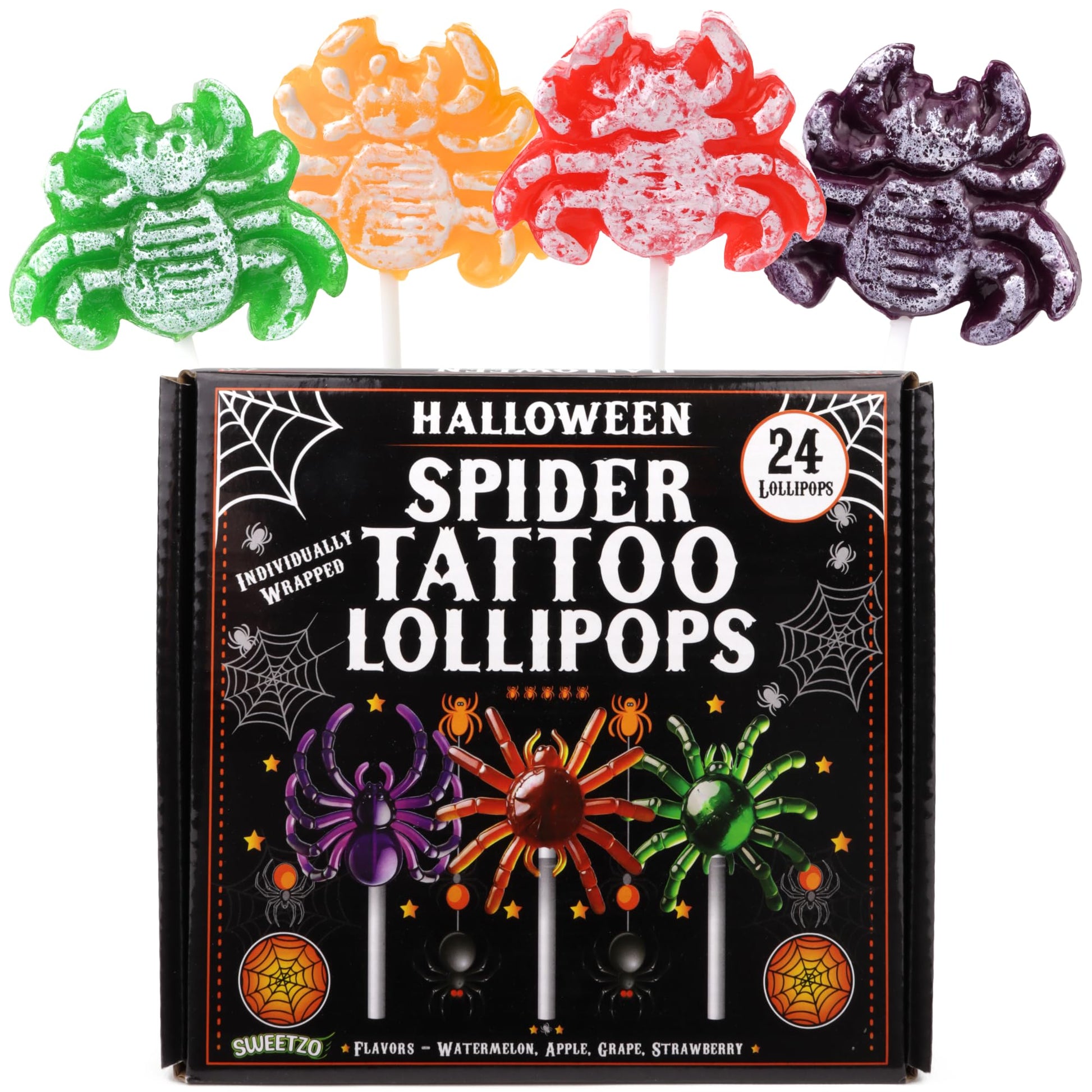 Sweetzo Spider Halloween Tattoo Lollipops, 24 Count, Individually Wrapped, 15.7 cm x 6.5 cm x 17.9 cm, Perfect for Trick or Treat