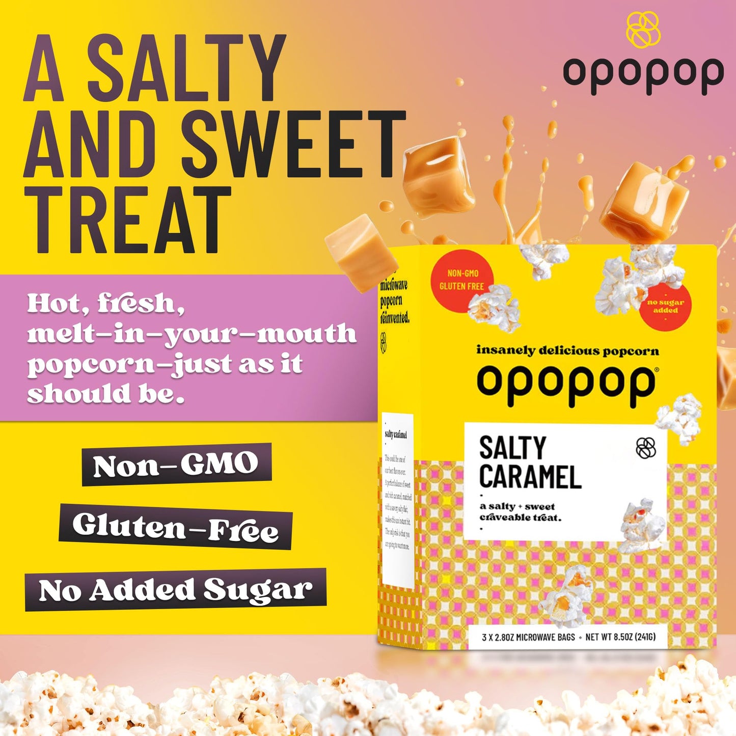 Opopop Traditional Microwave Popcorn - Salty Caramel Popcorn 9-Pack - Sweet and Salty Flavored Popcorn Bulk, Non-GMO
