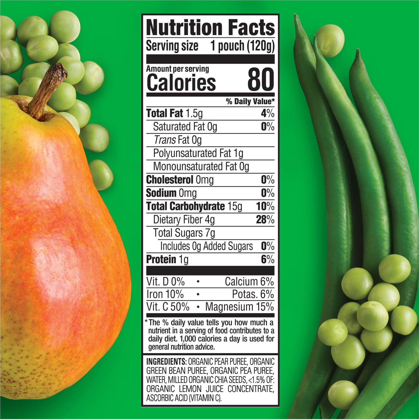 Happy Tot Organics Stage 4 Baby Food Pouches, Gluten Free, Vegan Snack, Superfoods Fruit & Veggie Puree, Pears, Peas, Green Bean