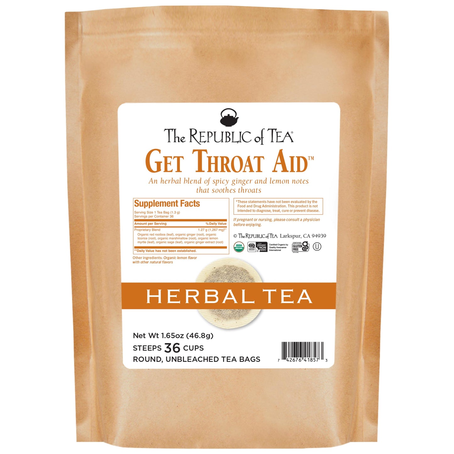 The Republic of Tea Organic Get Throat Aid Herb Tea, Naturally Caffeine Free, 36 Tea Bags