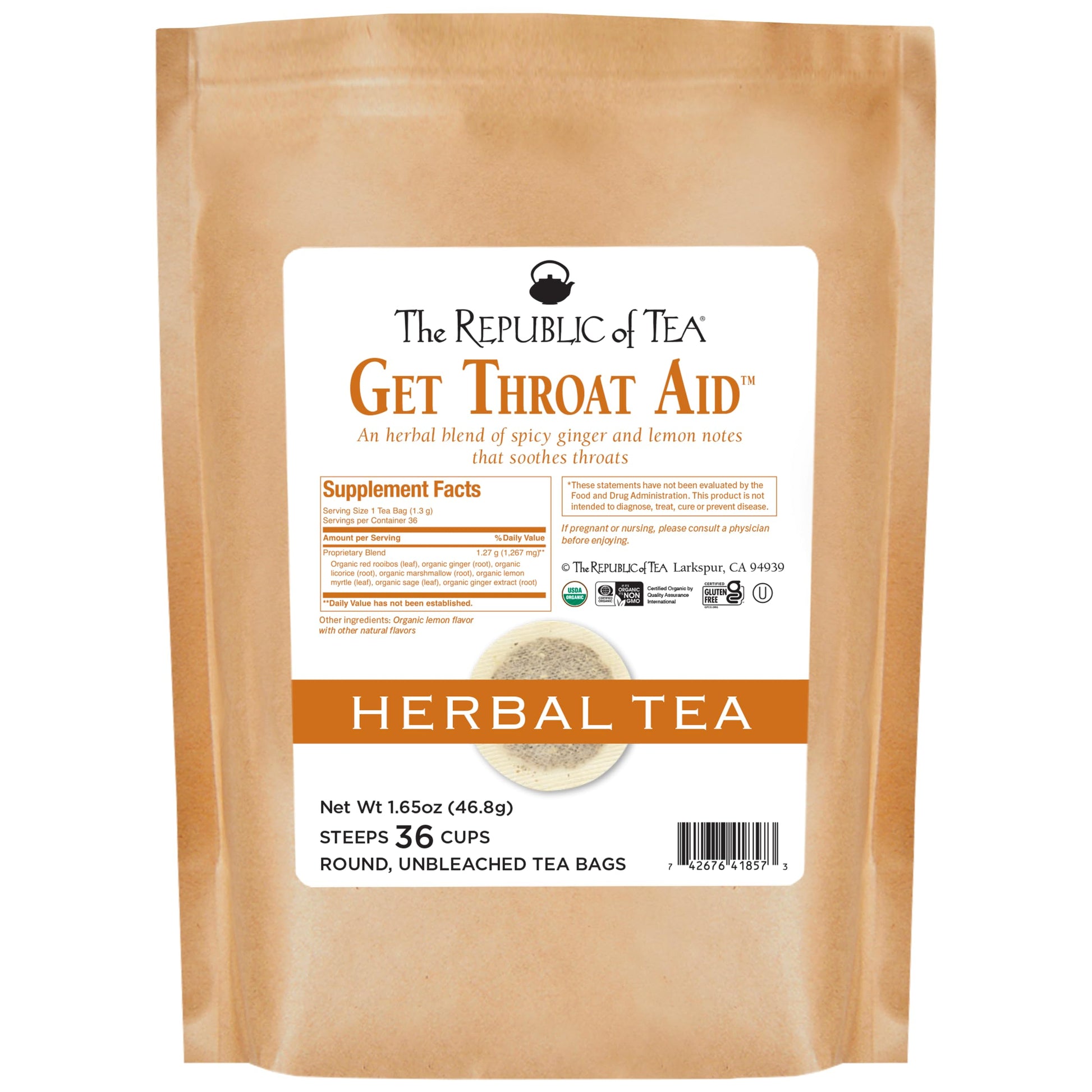 The Republic of Tea Organic Get Throat Aid Herb Tea, Naturally Caffeine Free, 36 Tea Bags