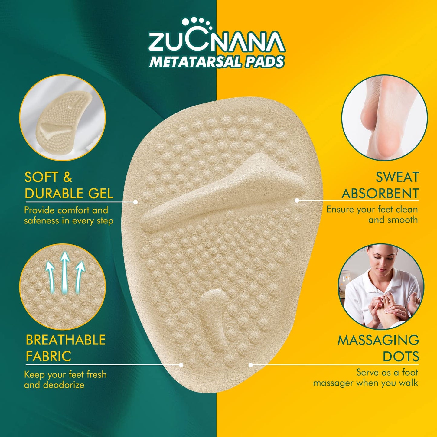 Zucnana Metatarsal Pads Ball Of Foot Cushions (6 Pairs), Non-Slip High Heel Cushion Inserts Women, One Size Fits All Shoe Insert