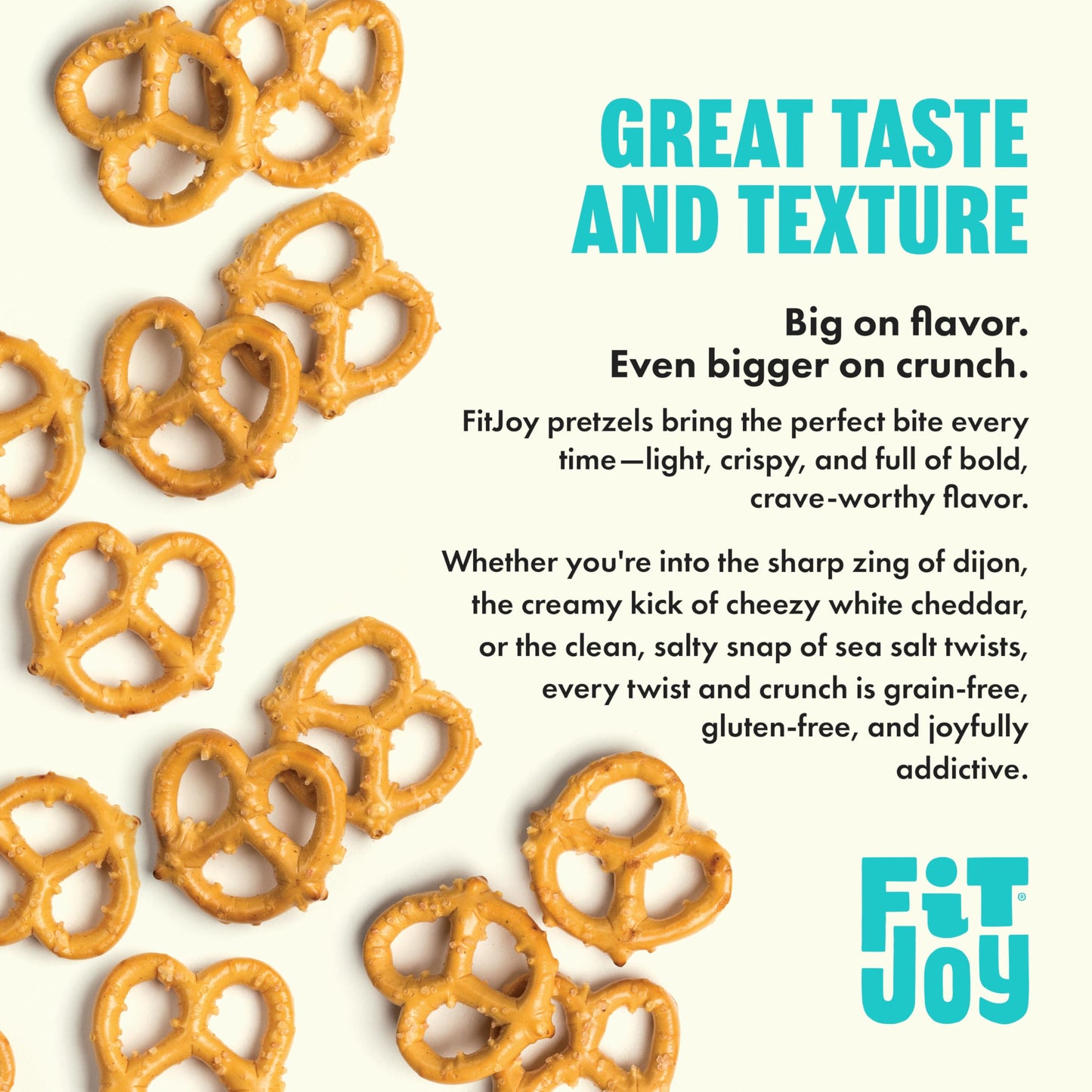 FitJoy Pretzel Variety Pack - 24 Count, 0.5 Oz Each - Tangy Dijon Mustard, Sea Salt, Cheezy White Cheddar - Gluten Free Snack