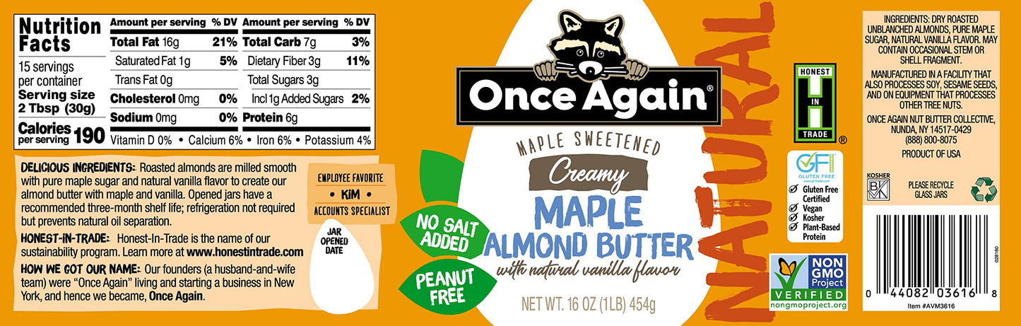 Once Again Natural Creamy Maple Almond Butter With Natural Vanilla Flavor, 16Oz - Gluten Free Certified, Peanut Free, Vegan, Kosher, Paleo - Glass Jar
