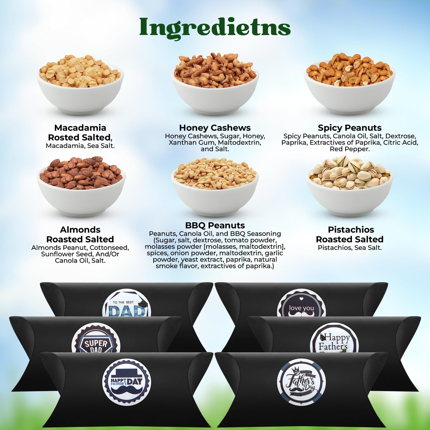 Simple Orchards Fathers Day Nut Gift Baskets - 6 Pillow Boxes of Fresh Nuts, Perfectly Packaged for Dad Celebrations