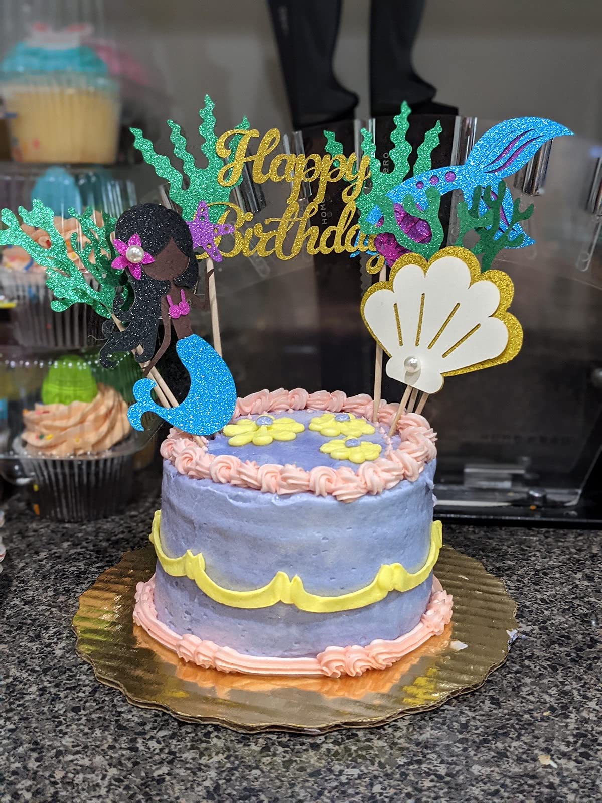 Alissar Glitter Mermaid Theme Birthday Cake Topper With Seaweed And Mermaid, Cake Cupcake Toppers For Girls Mermaid Themed Birth