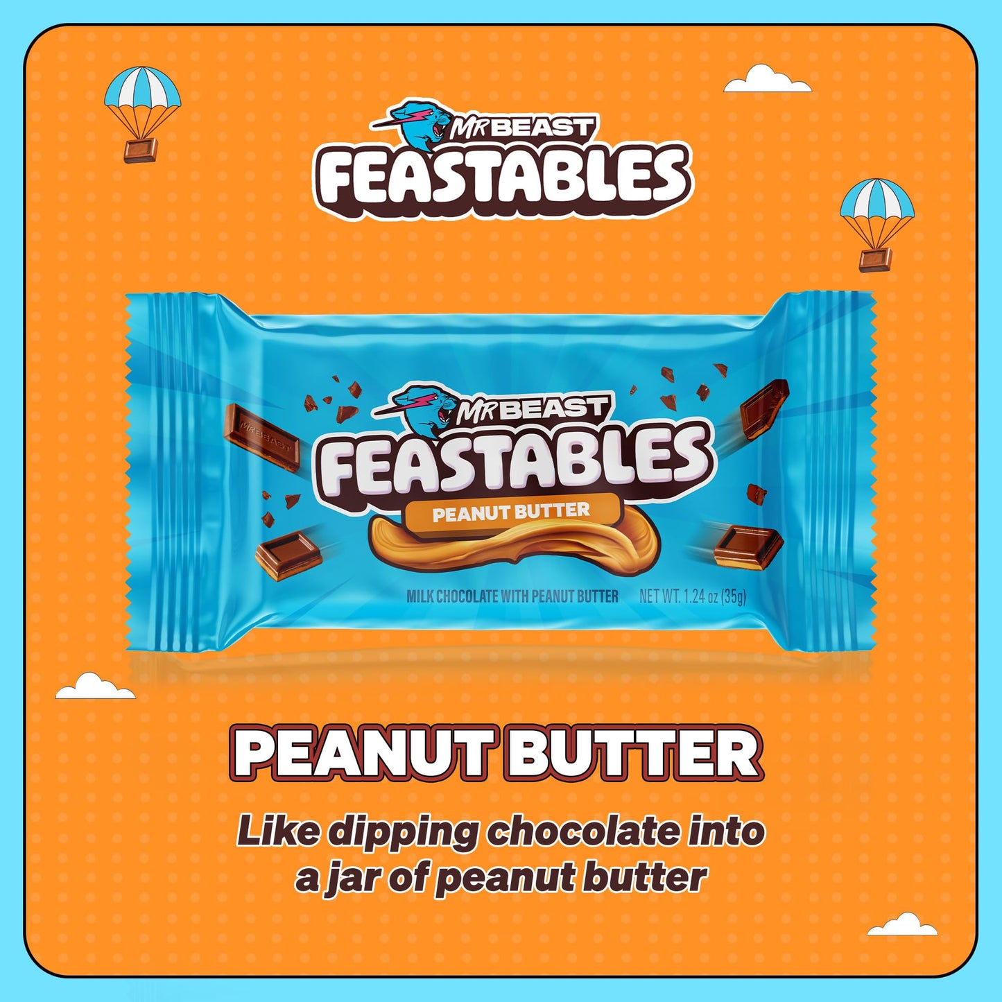 Feastables Peanut Butter Milk Chocolate Chocolate Bar, 1.24 Oz (35G), 24 Count