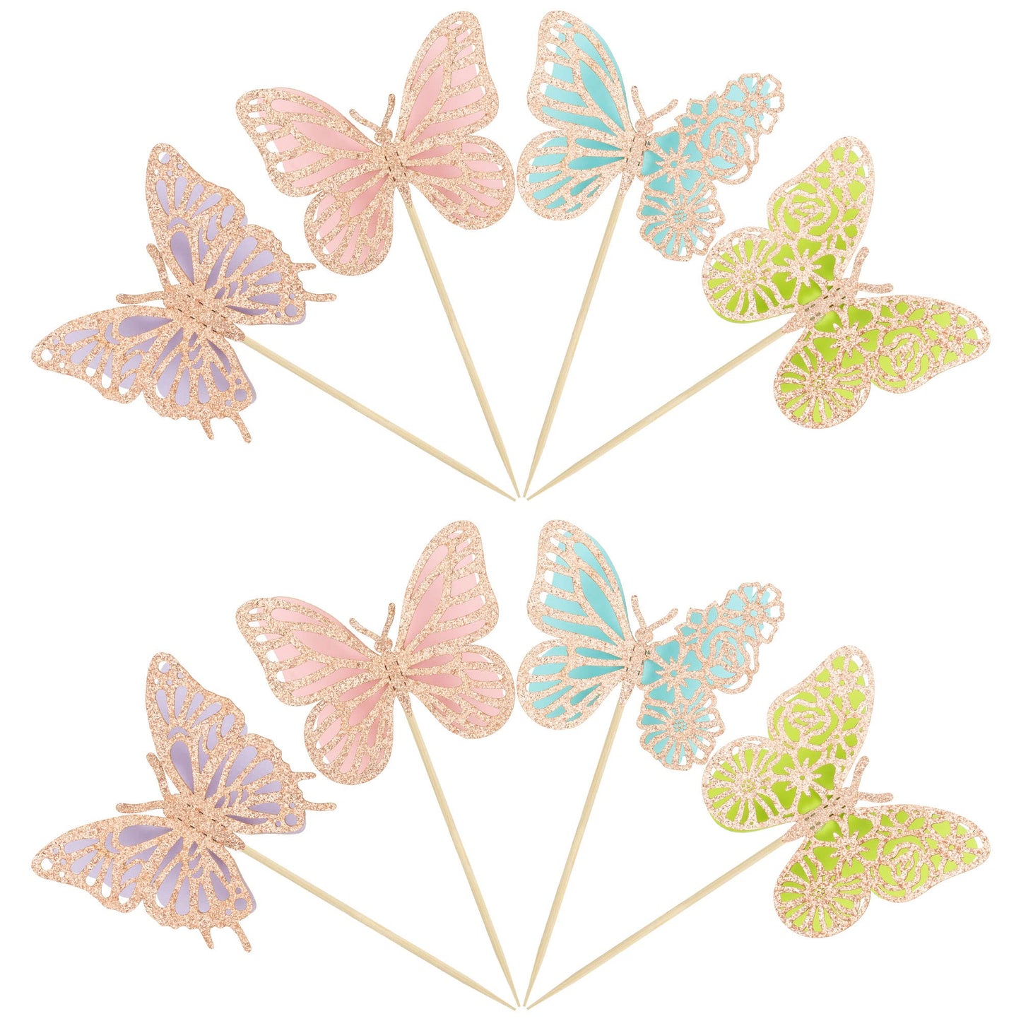Gyufise 24Pcs Butterfly Cupcake Toppers Assembled Rose Gold Glitter Colorful Double Layers 3D Butterfly Baby Shower Cupcake Food