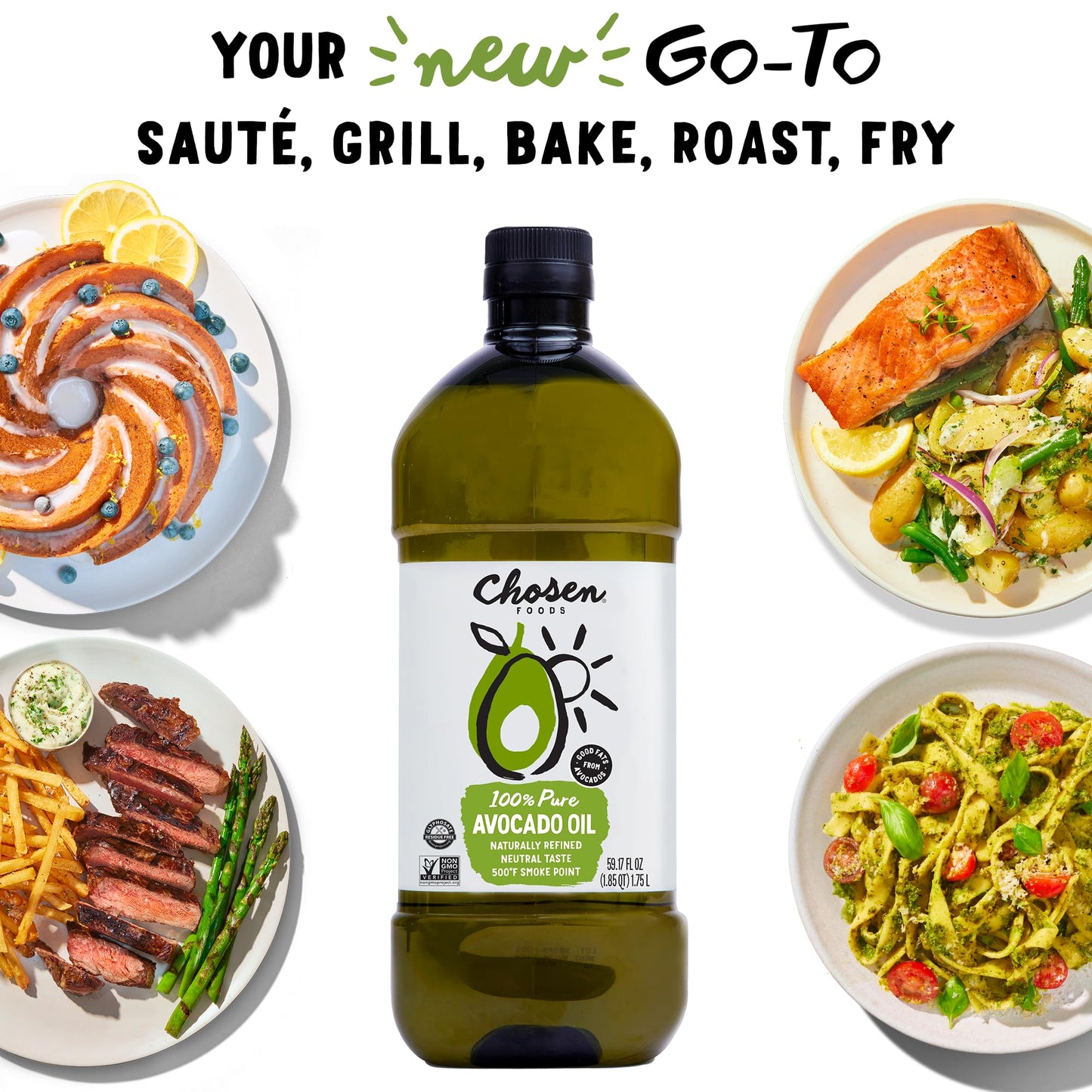 Chosen Foods 100% Pure Avocado Oil for Cooking - 1.75L with Recipe eBook Bundle - Made With Good Fats from Avocados  Naturally Refined  Never mature-themederated  High Smoke Point  Non-GMO  Soy-Free  Canola Oil-Free  Gluten-Free  Keto