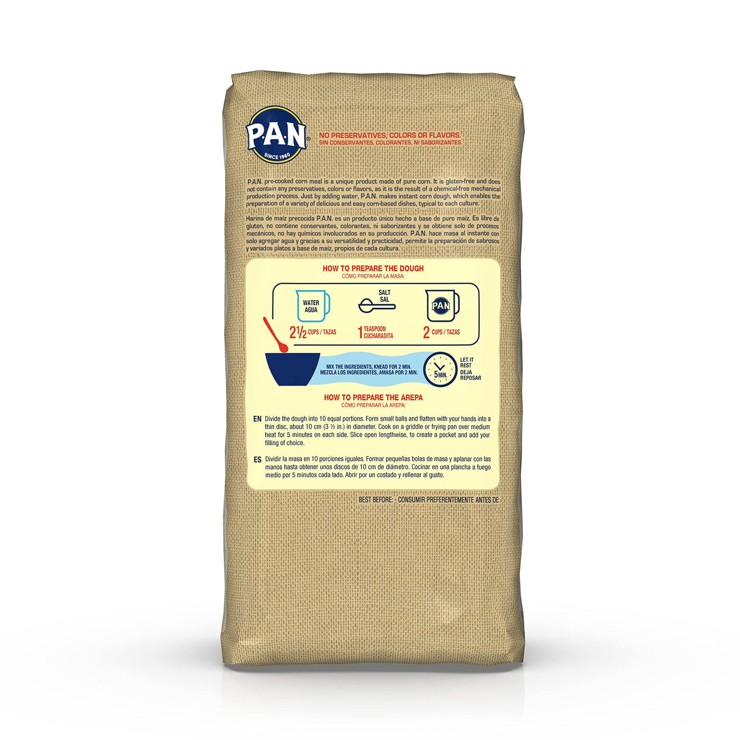 P.A.N. Whole Grain White Corn Meal - Pre-Cooked Gluten Free And Kosher Flour For Arepas (2.2 Lb/Pack Of 4)