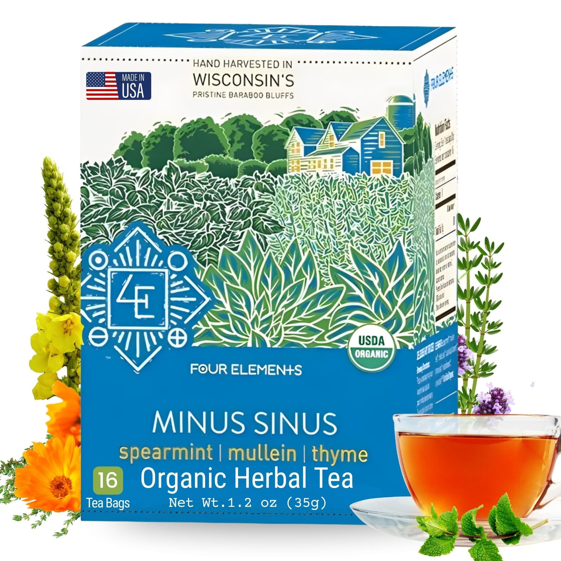Four Elements 4E Minus Sinus Tea, Organic Herbal Tea with Spearmint, Mullein & Thyme, 16 Teabags, Caffeine-Free