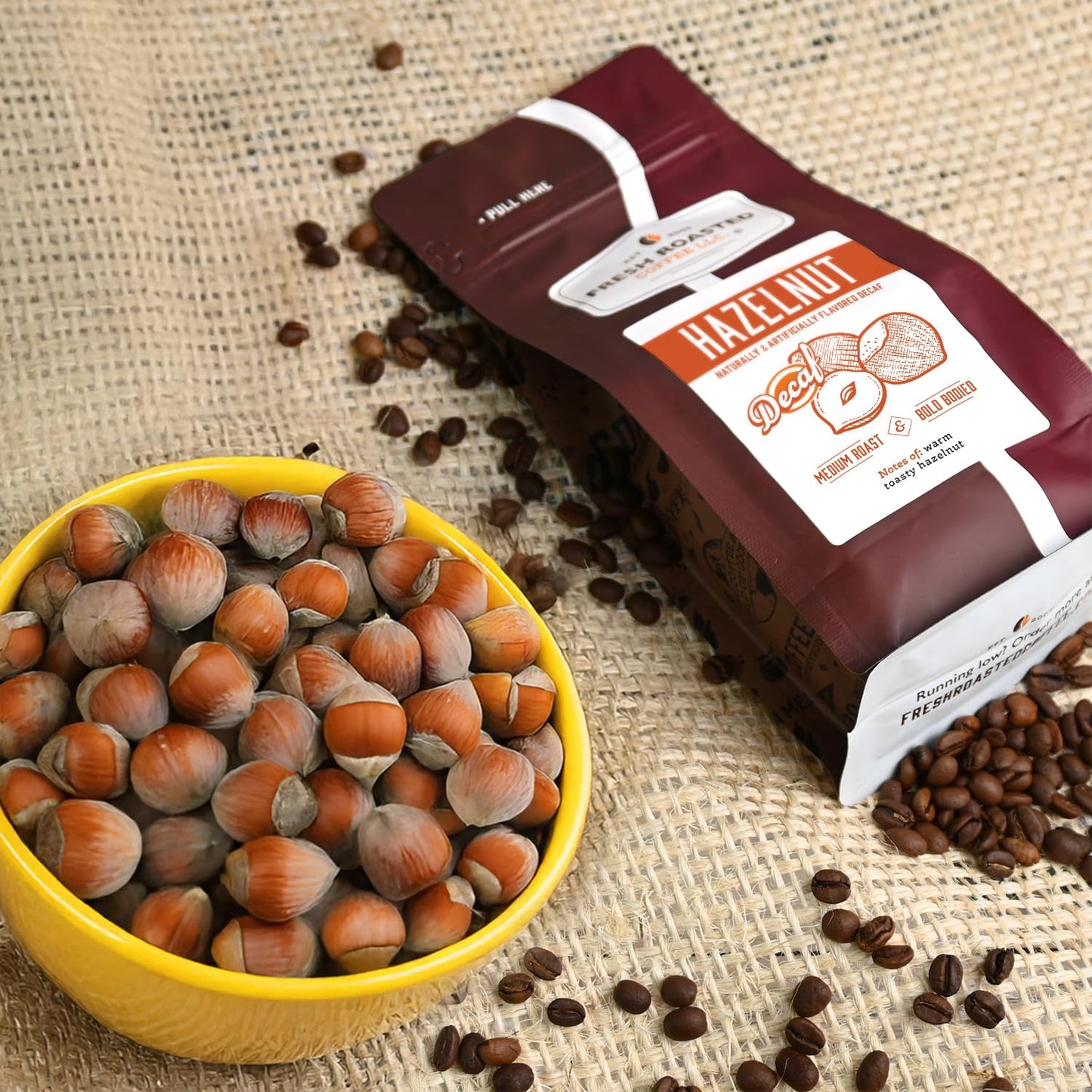 Fresh Roasted Coffee Decaf Hazelnut Flavored, Medium Roast, Whole Bean, 12 oz, Kosher