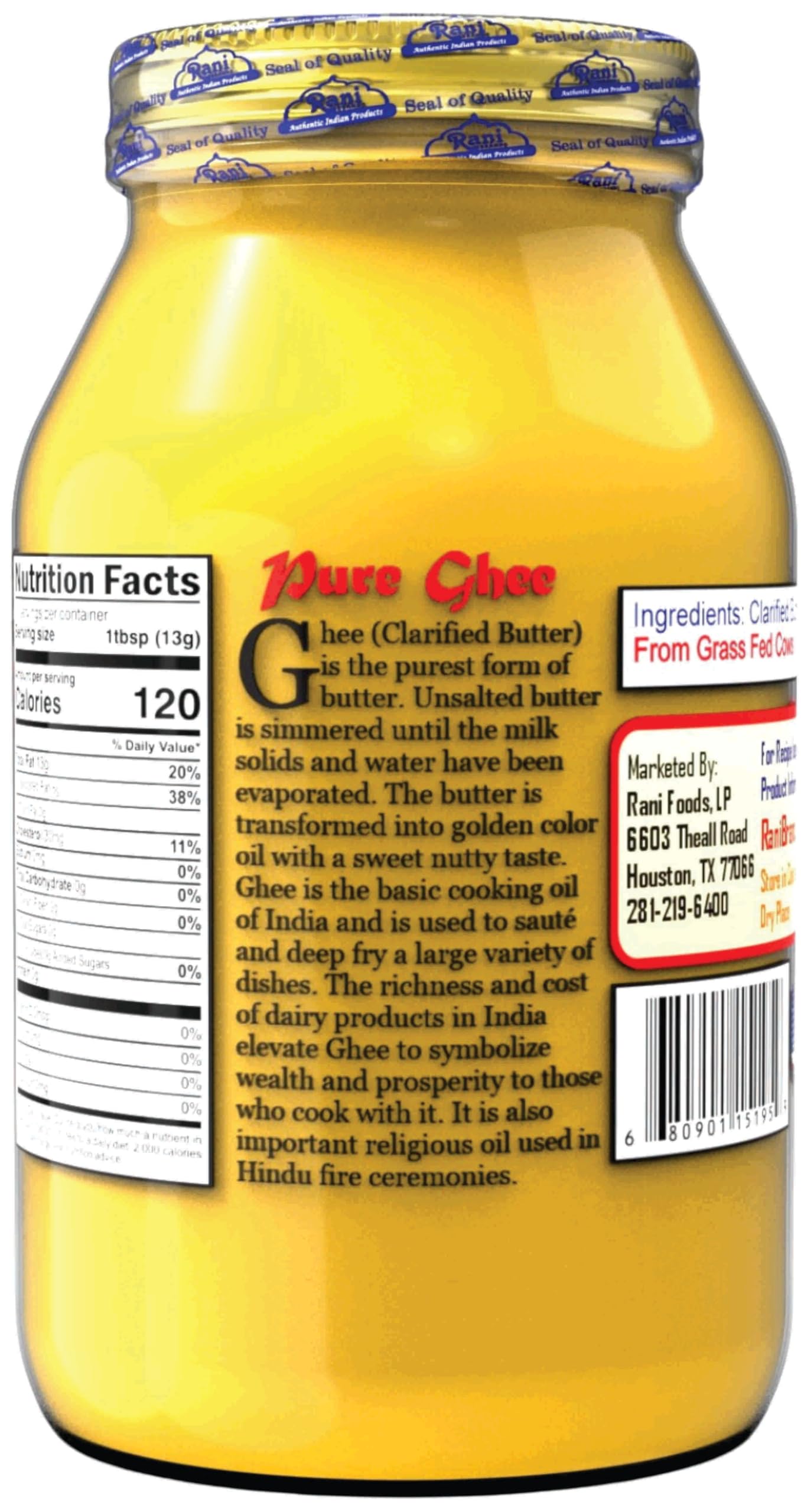 Rani Ghee Pure & Natural from Grass Fed Cows (Clarified Butter) 32oz(2lbs) 908g ~ Glass Jar | Paleo Friendly | Keto Friendly | G