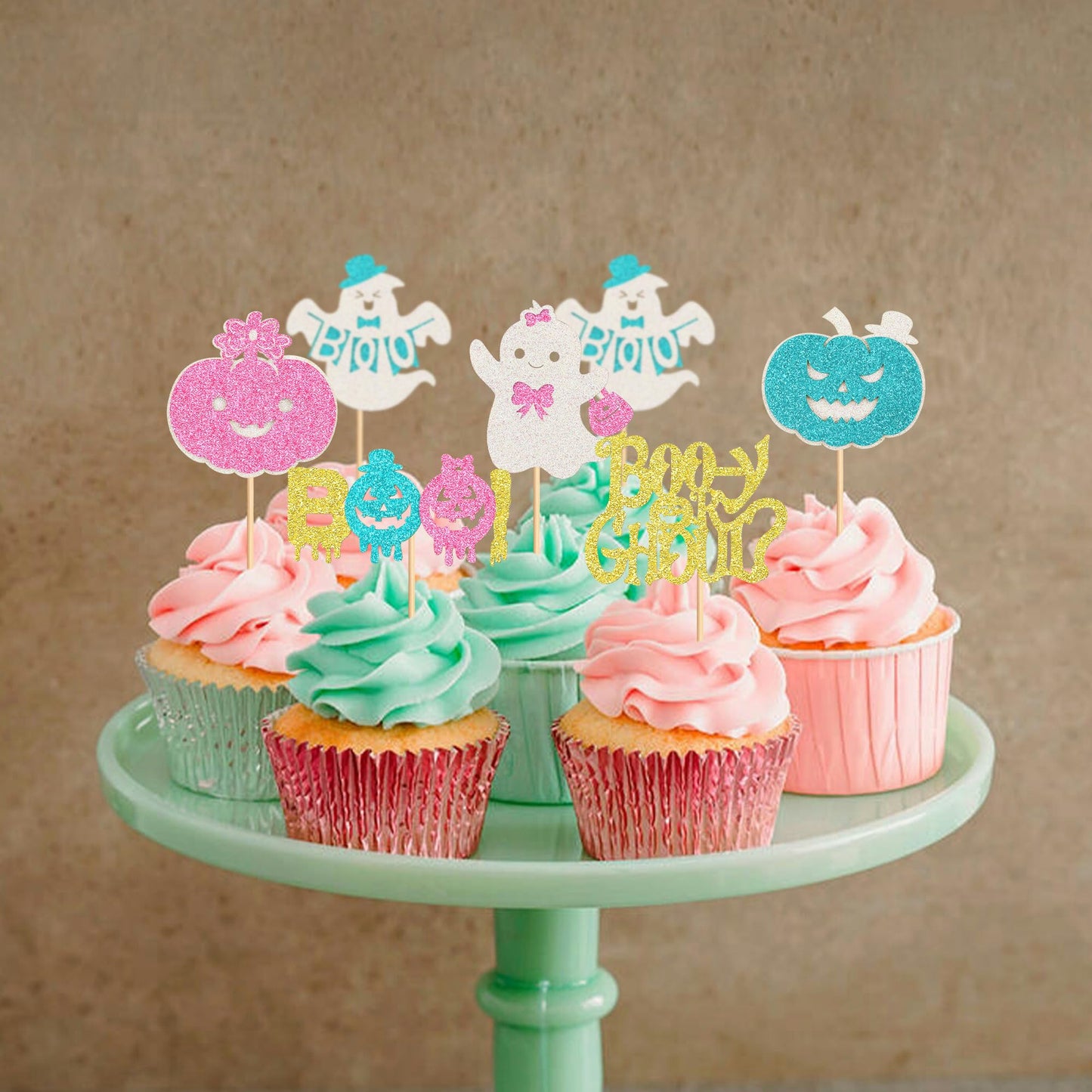 Ercadio 24 Pack Halloween Boo-Y Or Ghoul Cupcake Toppers Glitter Halloween Ghost Gender Reveal Cupcake Picks Pumpkin Boo Cake Pi