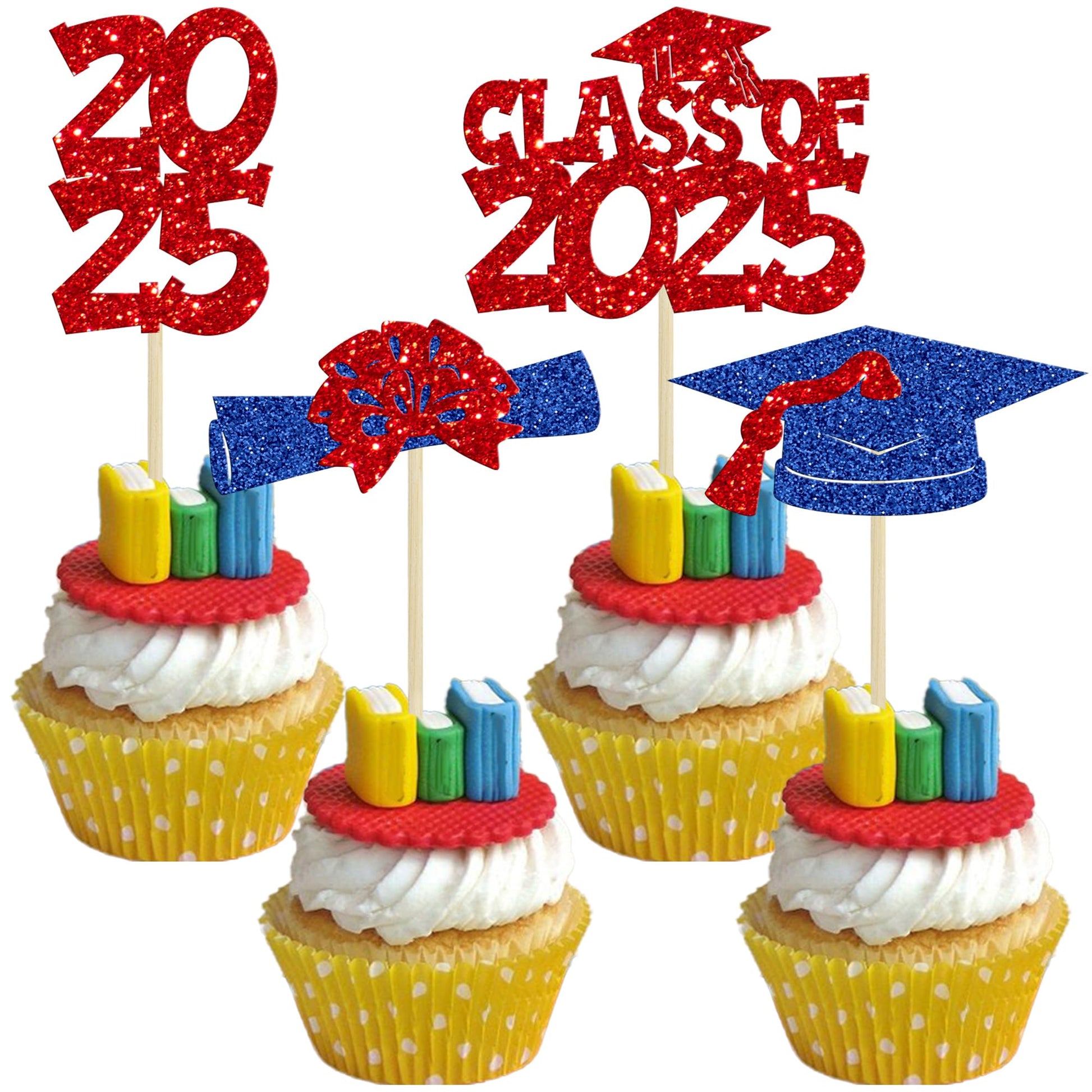 Ephlyn Graduation Cupcake Toppers, 36 Pcs, Glitter, Class of 2025, Red Blue, Cake Decorations for Graduation Theme Party