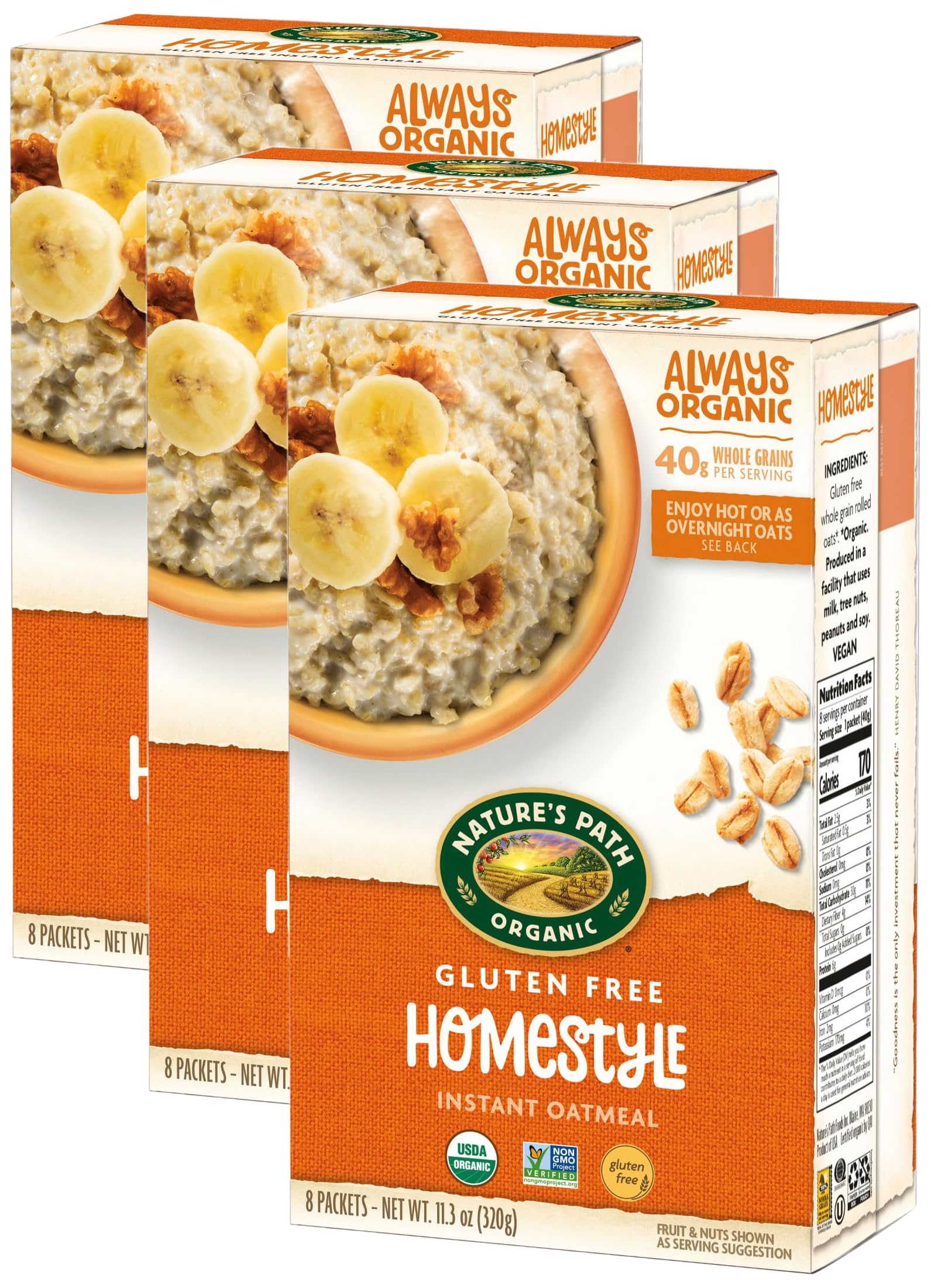 Natures Path Organic Gluten Free Homestyle Instant Oatmeal, Non-GMO, 40g Whole Grains, 11.3 Ounce (Pack of 24)