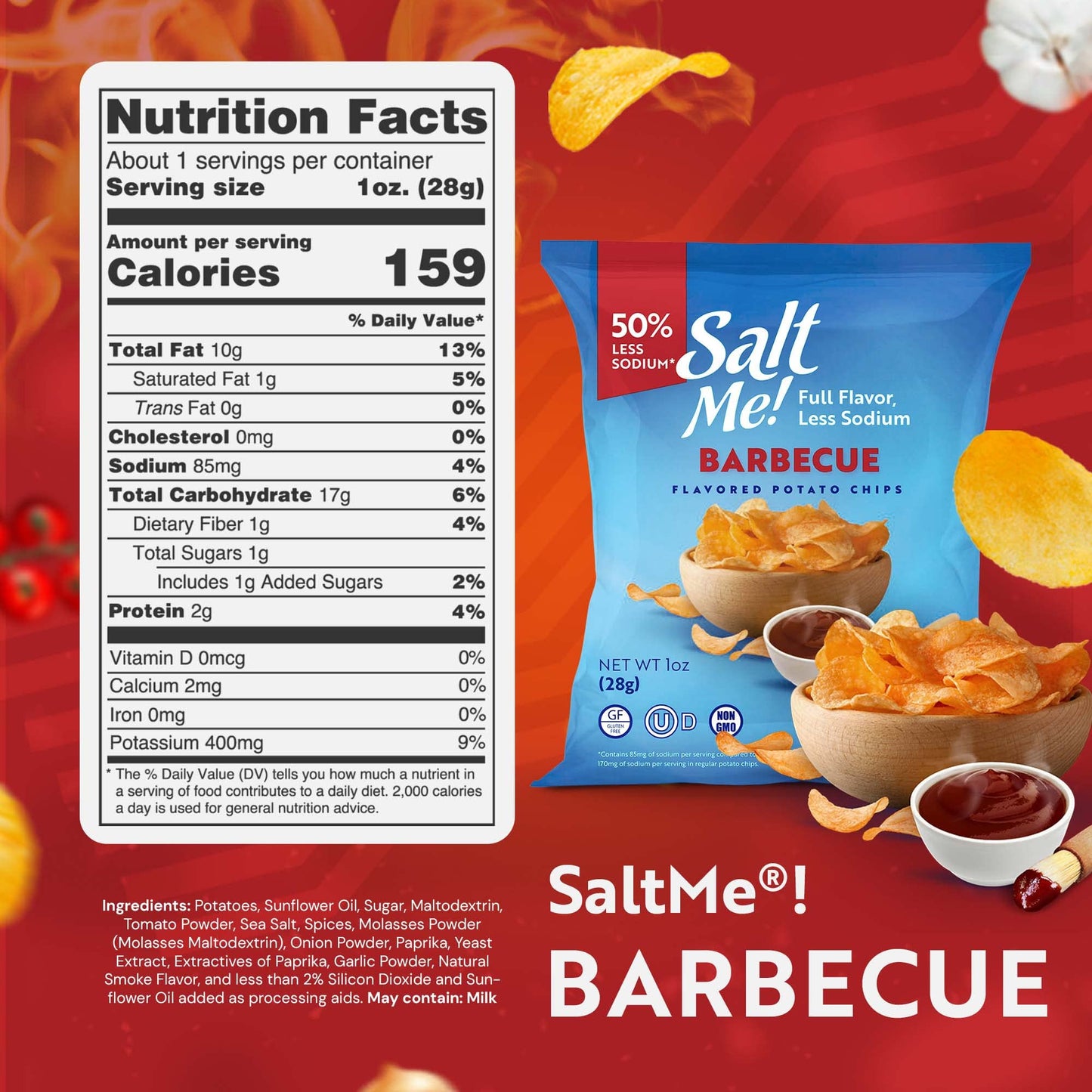 Saltme! Barbecue Better For You Potato Chips - 24Ct 1Oz Bags - 50% Less Sodium, Kosher, Healthier Snack Pack- Best Full Flavor, Non-Gmo, Gluten Free - Less Sodium, Same Flavor.