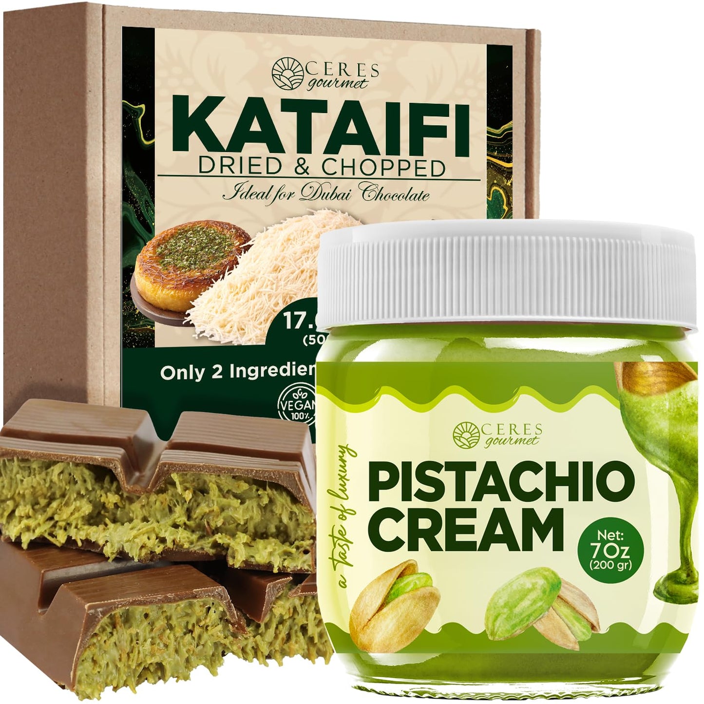 Kataifi Shredded Fillo Dough & Pistachio Butter Spread Bundle for Dubai Chocolate  Authentic Turkish Dried Chopped Kataifi Pastry (1.1 lbs) and Sweet Pistachio Nut Cream (8 Oz)  Ideal for Kunafa  Baklava  and Gourmet Desserts