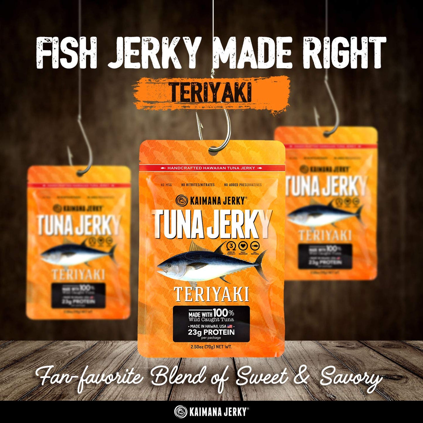 Kaimana Wild-Caught Ahi Tuna Jerky - Teriyaki | Rich In Omega-3S & High In Protein | All-Natural & Organic Fish Jerky (3 Pack, 2