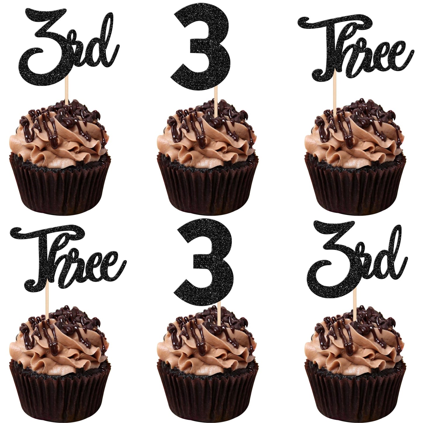 ZHUOWEISM 24 PCS Cupcake Toppers Glitter Number 3 Decorations for 3rd Birthday Baby Shower, Black Paper