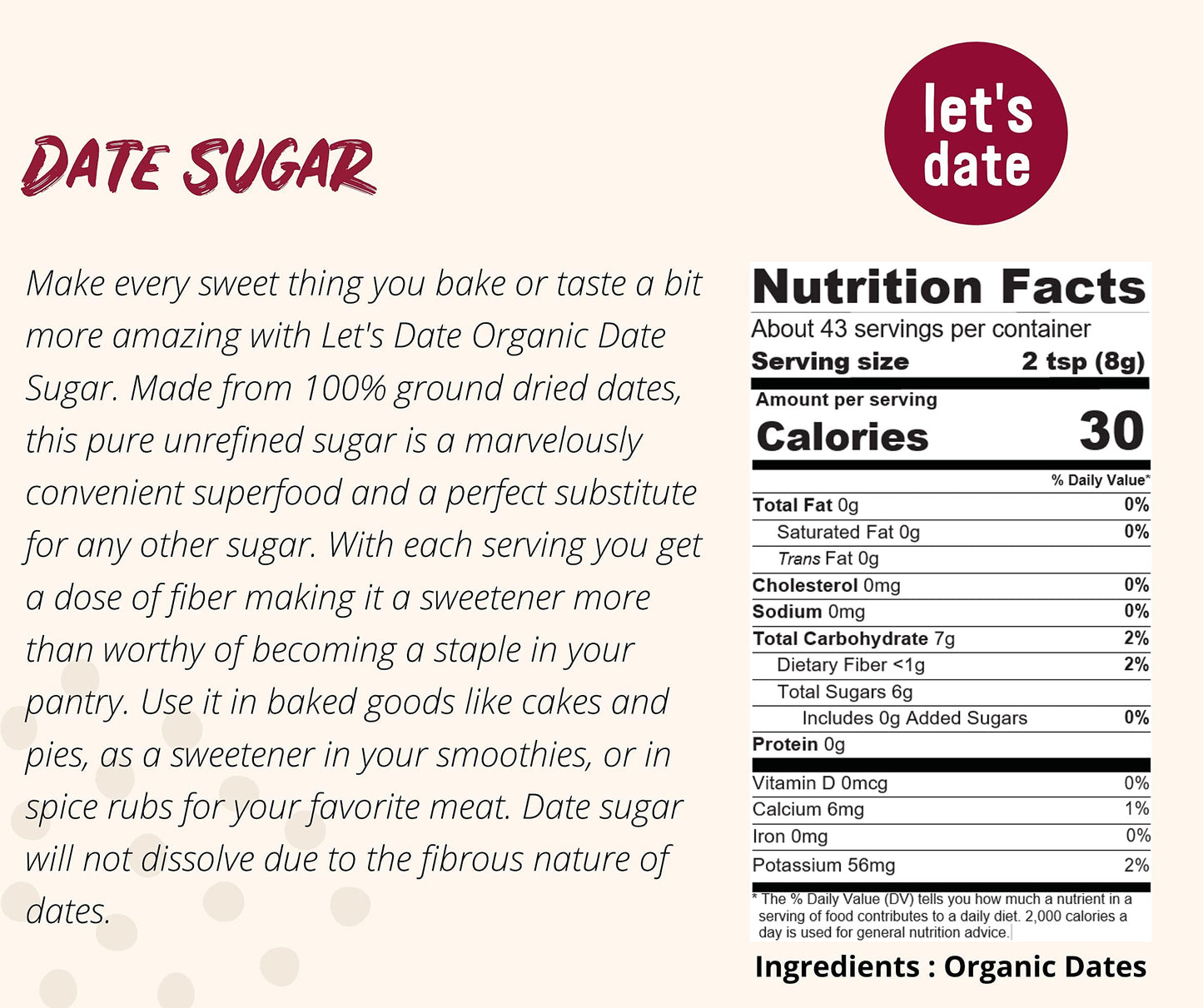 Lets Date Organic Date Sugar, 12oz, Brown, Vegan, Gluten Free, Non-GMO, Natural Sweetener, Baking Sugar Alternative