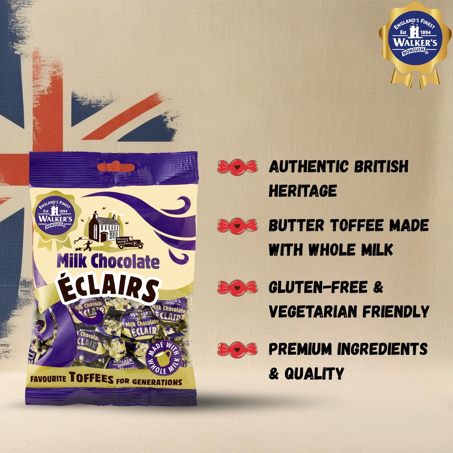Walkers Nonsuch Milk Chocolate Eclairs 5.29 Oz (Pack Of 2) - Traditional British Chewy Butter Toffee Candy, Classic English Creamy Toffee Sweets, Imported Uk Chocolates Gourmet Gift
