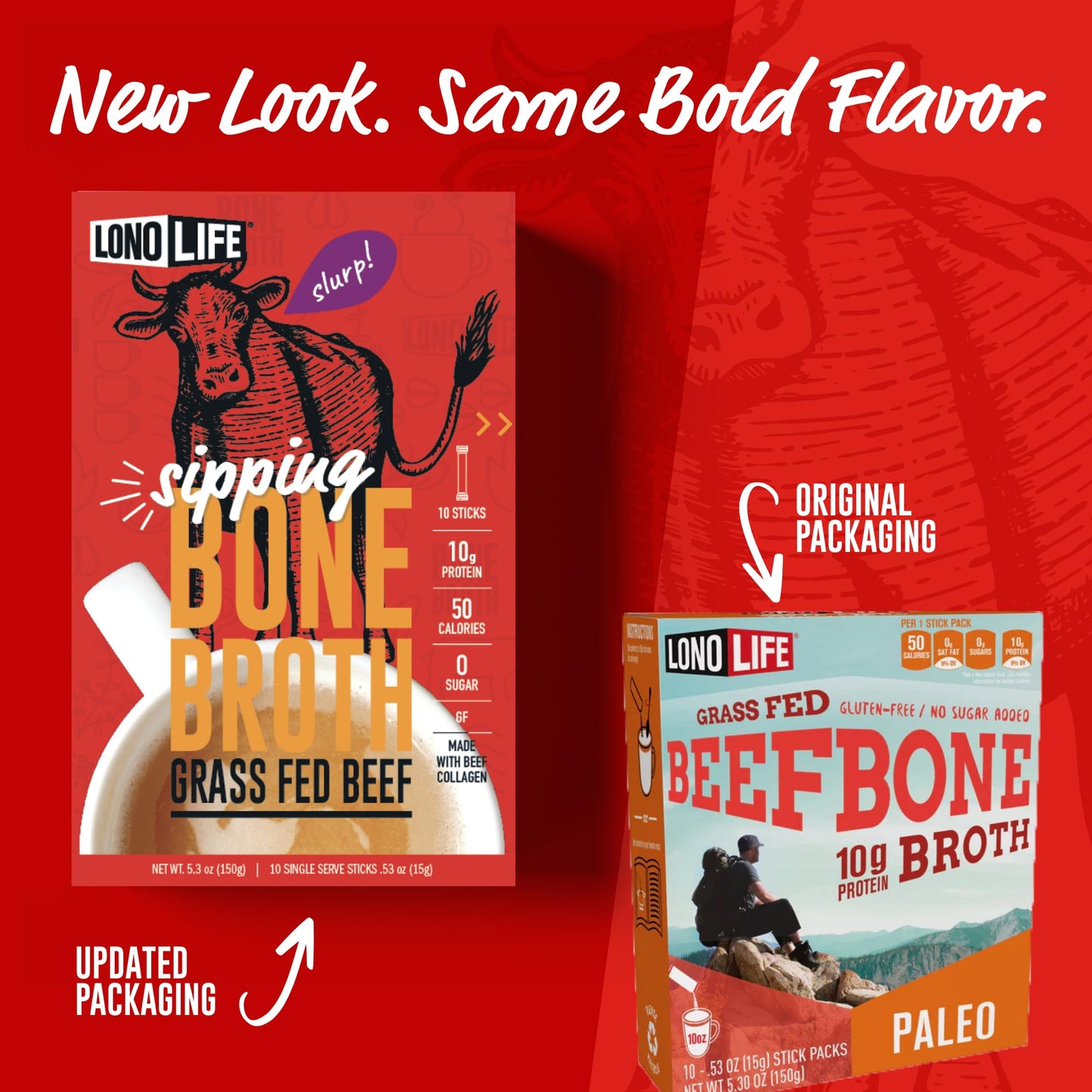 LonoLife Beef Bone Broth Powder | Grass-Fed, 10g Protein, Collagen-Rich, Keto & Paleo Friendly | 2.12 oz, 4 Stick Packs