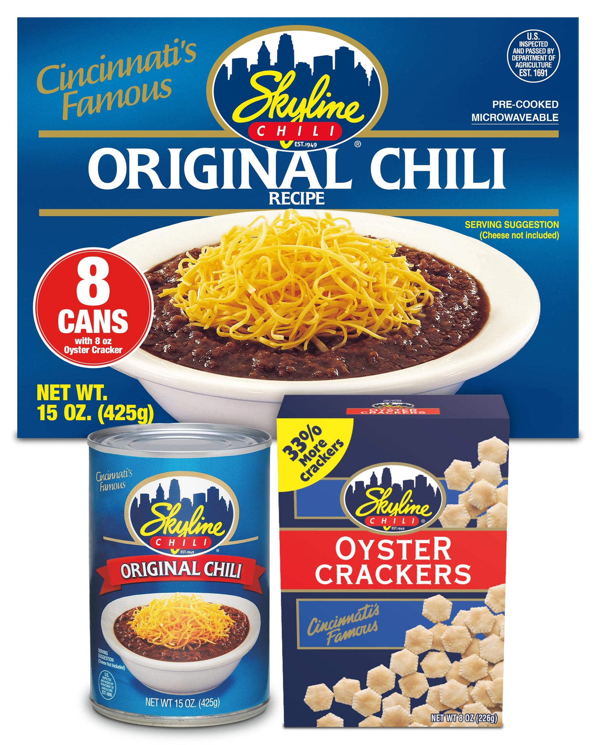 Skyline Chili Bundle Pack - 8 Cans of 15 oz Skyline Original Canned Chili with 1 Bag of 8 oz Skyline Oyster Crackers, Authentic 