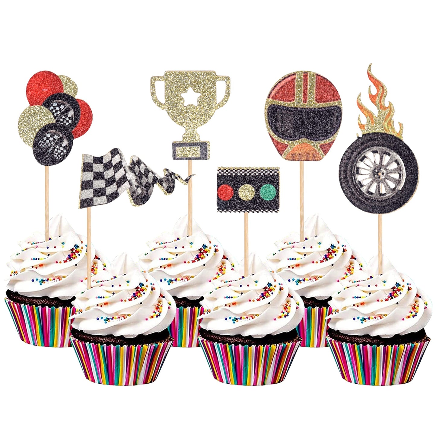 24 Pcs Race Car Cupcake Toppers Assembled Helmet Traffic Light Wheel Trophy Flag Racing Car Cupcake Picks Let'S Go Racing Cake D