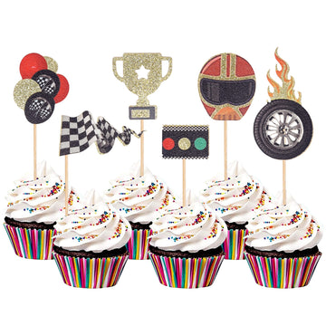 24 Pcs Race Car Cupcake Toppers Assembled Helmet Traffic Light Wheel Trophy Flag Racing Car Cupcake Picks Let'S Go Racing Cake D