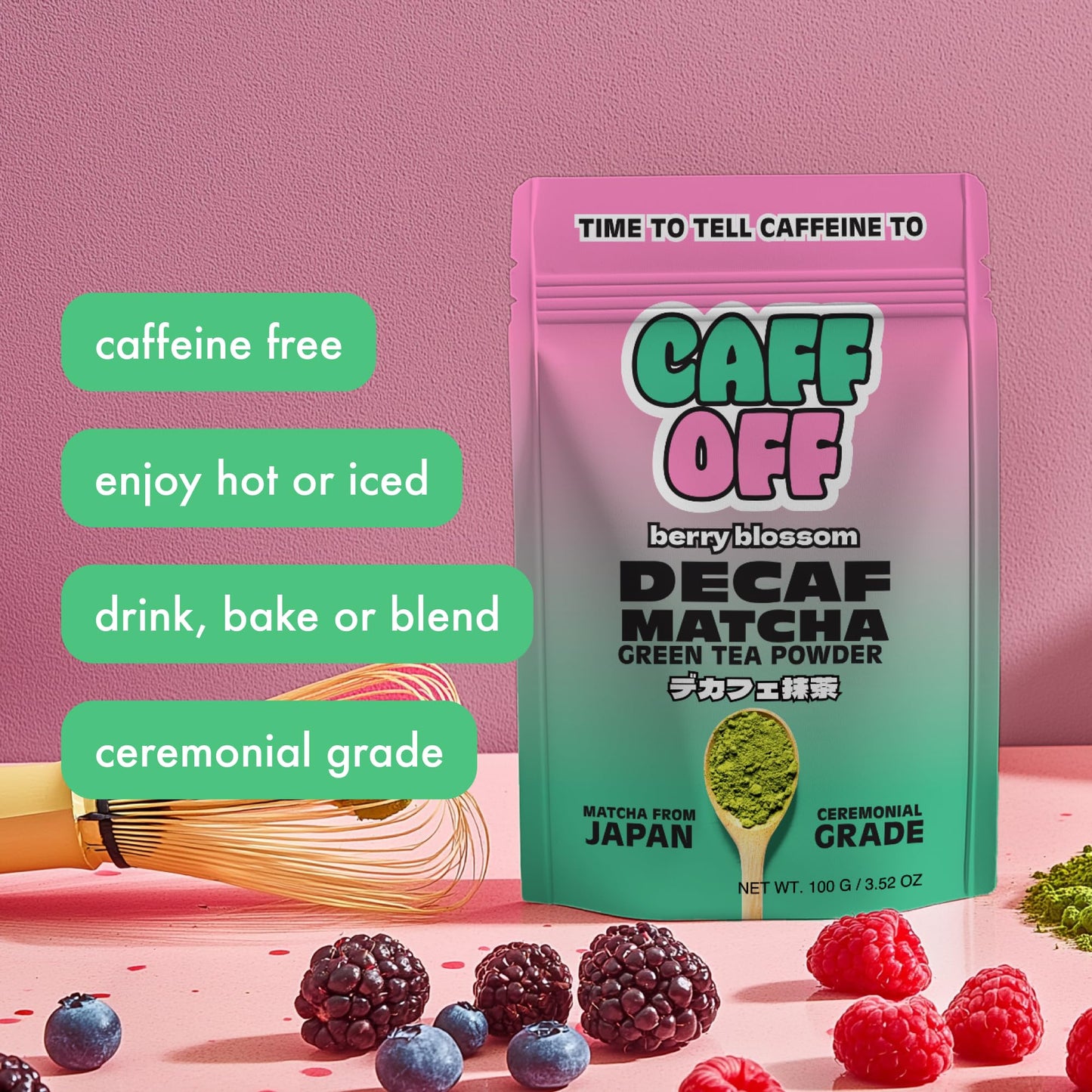Caff Off Decaf Strawberry Matcha Green Tea Powder – Ceremonial Grade, Sugar-Free, 100 g